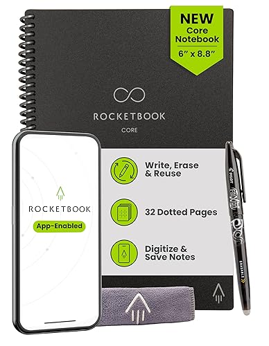 Rocketbook Core Reusable Smart Notebook, Dot Grid Pages For School, Work and Creative Projects, Executive Size 6x8.8, Black - Premium