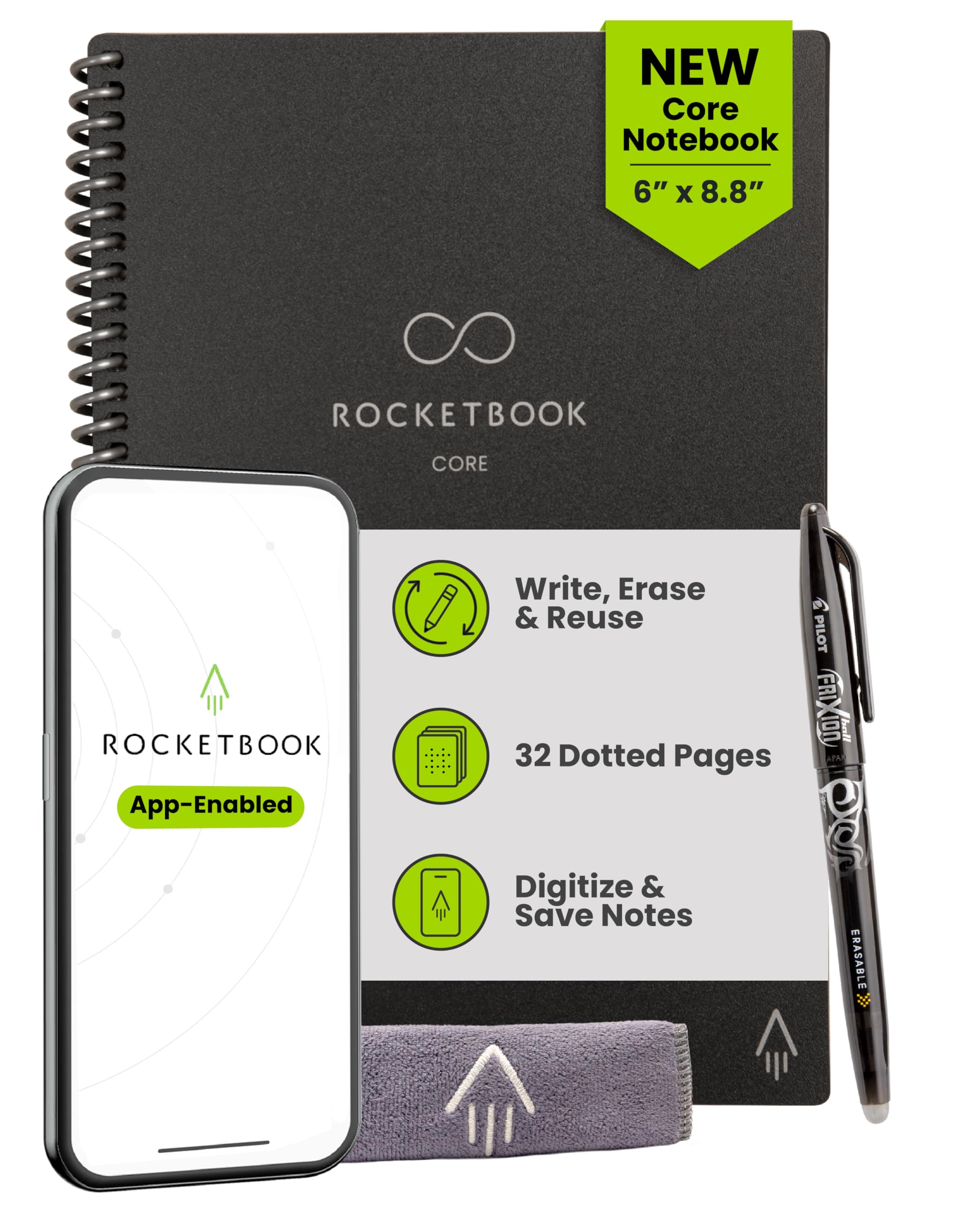 Rocketbook Core Reusable Smart Notebook, Dot Grid Pages For School, Work and Creative Projects, Executive Size 6x8.8, Black - Premium Product Image 1
