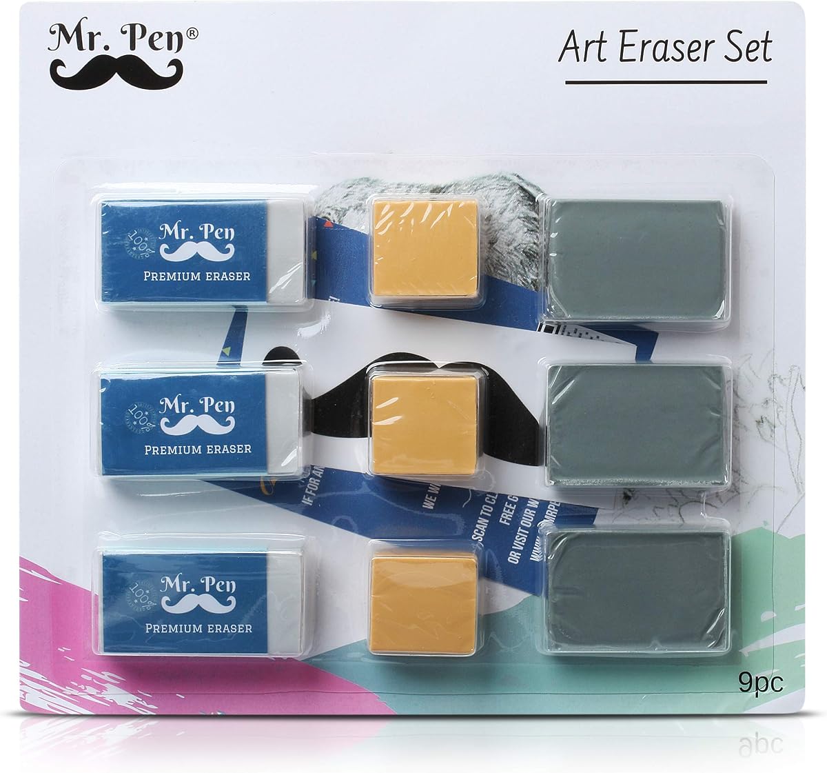Art Eraser Set, 9 Pack, 3X White Vinyl Latex-Free | 3x Kneaded and 3x Artist Gum Erasers, Non-Abrasive, Smudge Resistant, Perfect for Artists And Designers