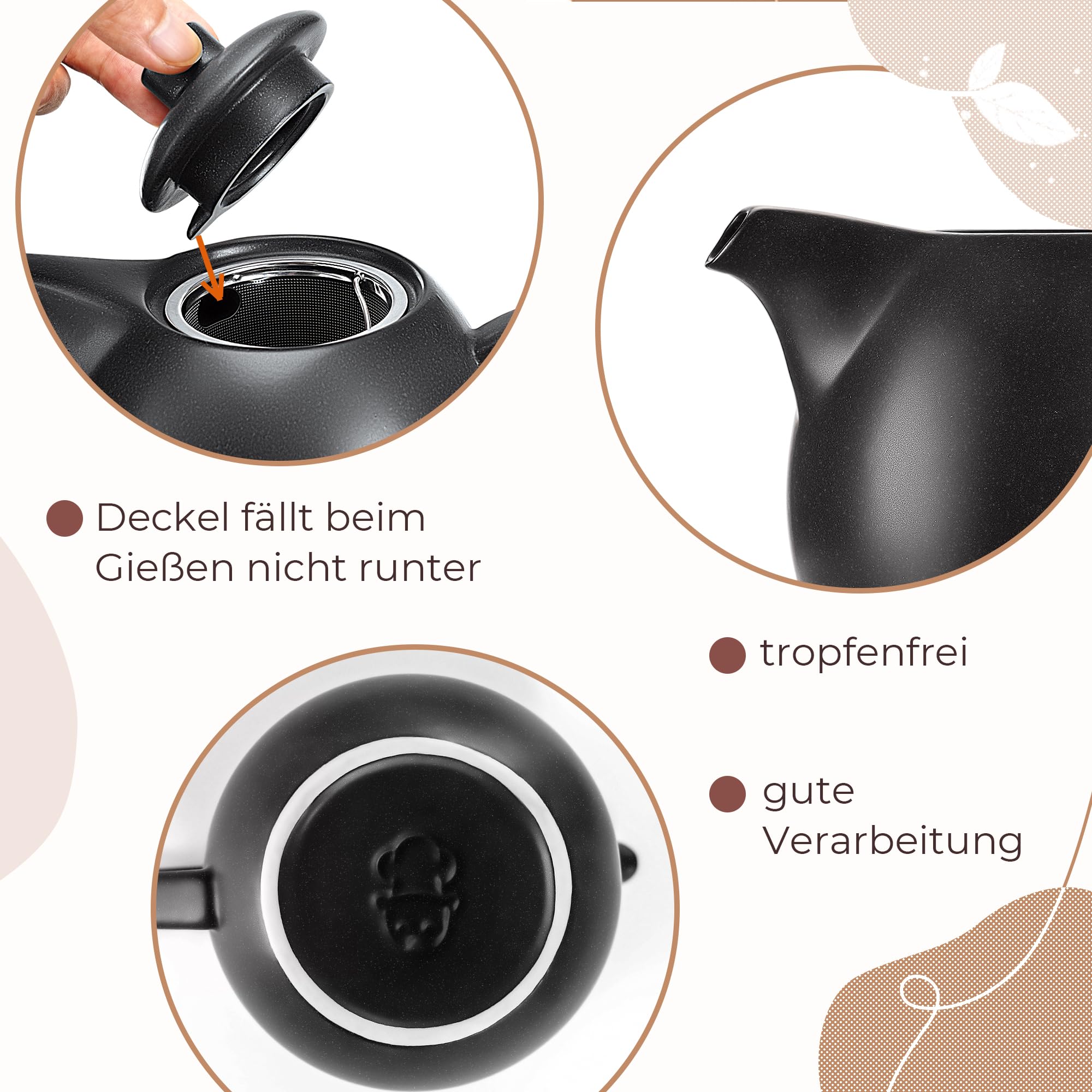 Teekanne mit Stövchen Set - 1,2 l - Teekanne mit Siebeinsatz und Stövchen - Keramik - Schwarz - Tee Zubehör - mit Kerzenwärmer