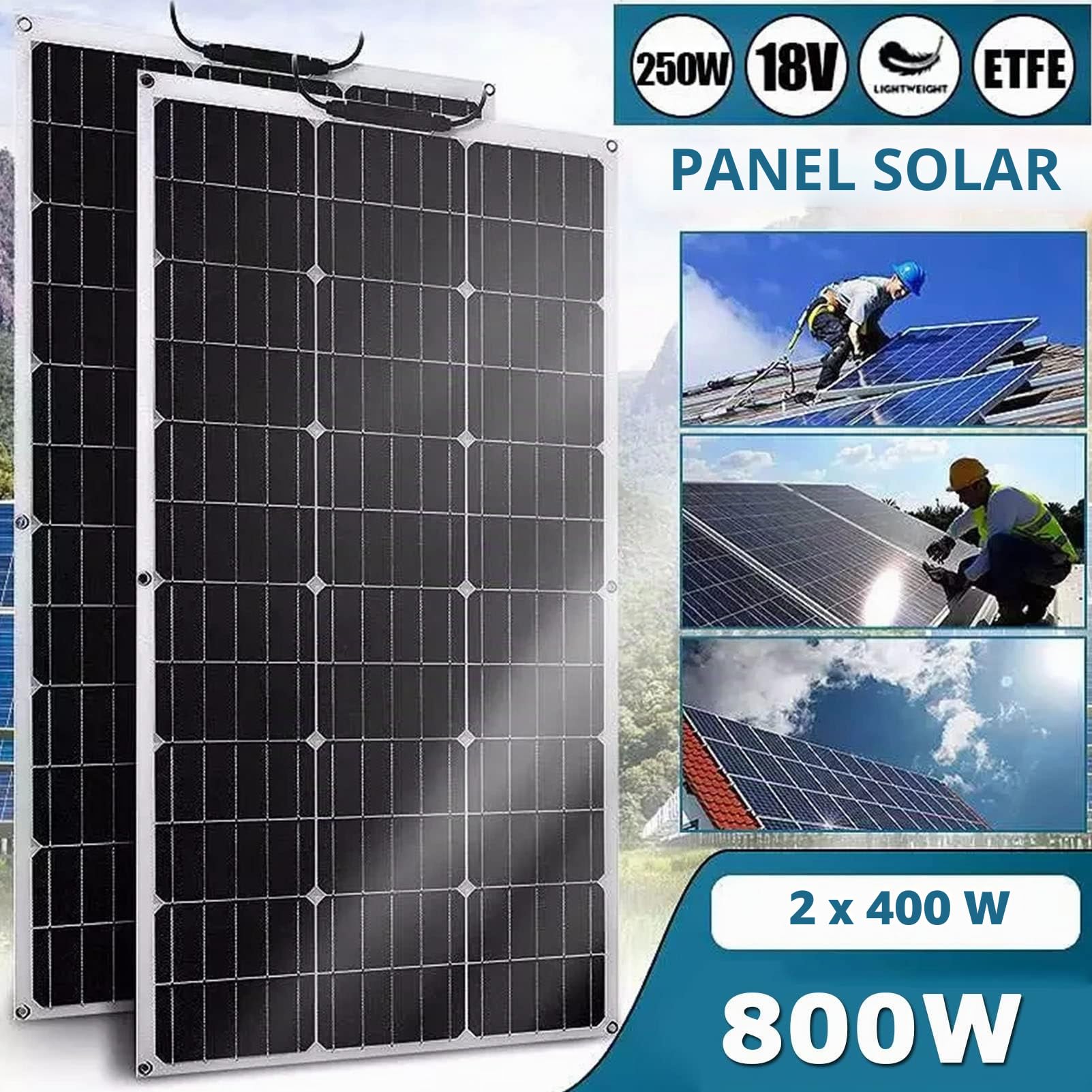 Panel solar flexible de 400 W, 18 voltios, monocristalino, semiflexible, curvable, cargador fuera de la red para uso marino, autocaravana, cabaña, furgoneta, coche, superficies irregulares