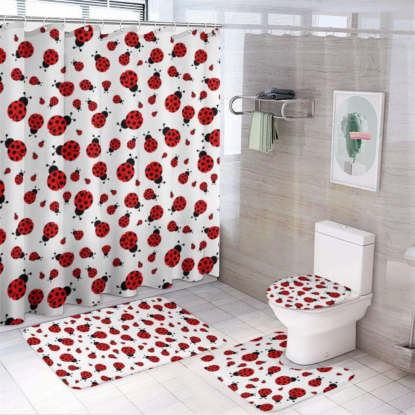JZemdybill Bathroom Mat Set 4 Piece, Ladybugs Pattern Infinite Speckled Shower Curtain with Non-Slip Bath Mats for Bathroom