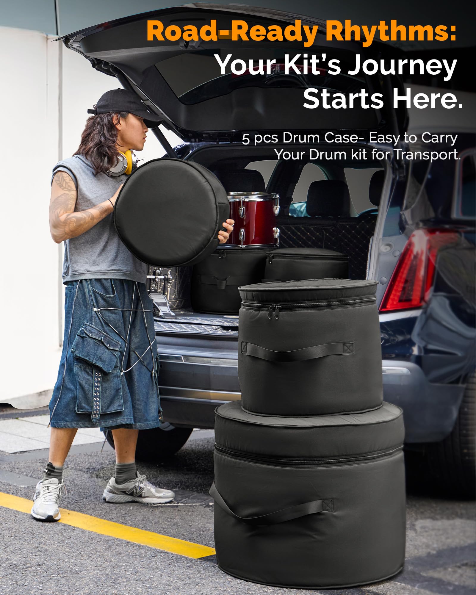 5-Piece Drum Case Set - Padded Drum Bags for 22