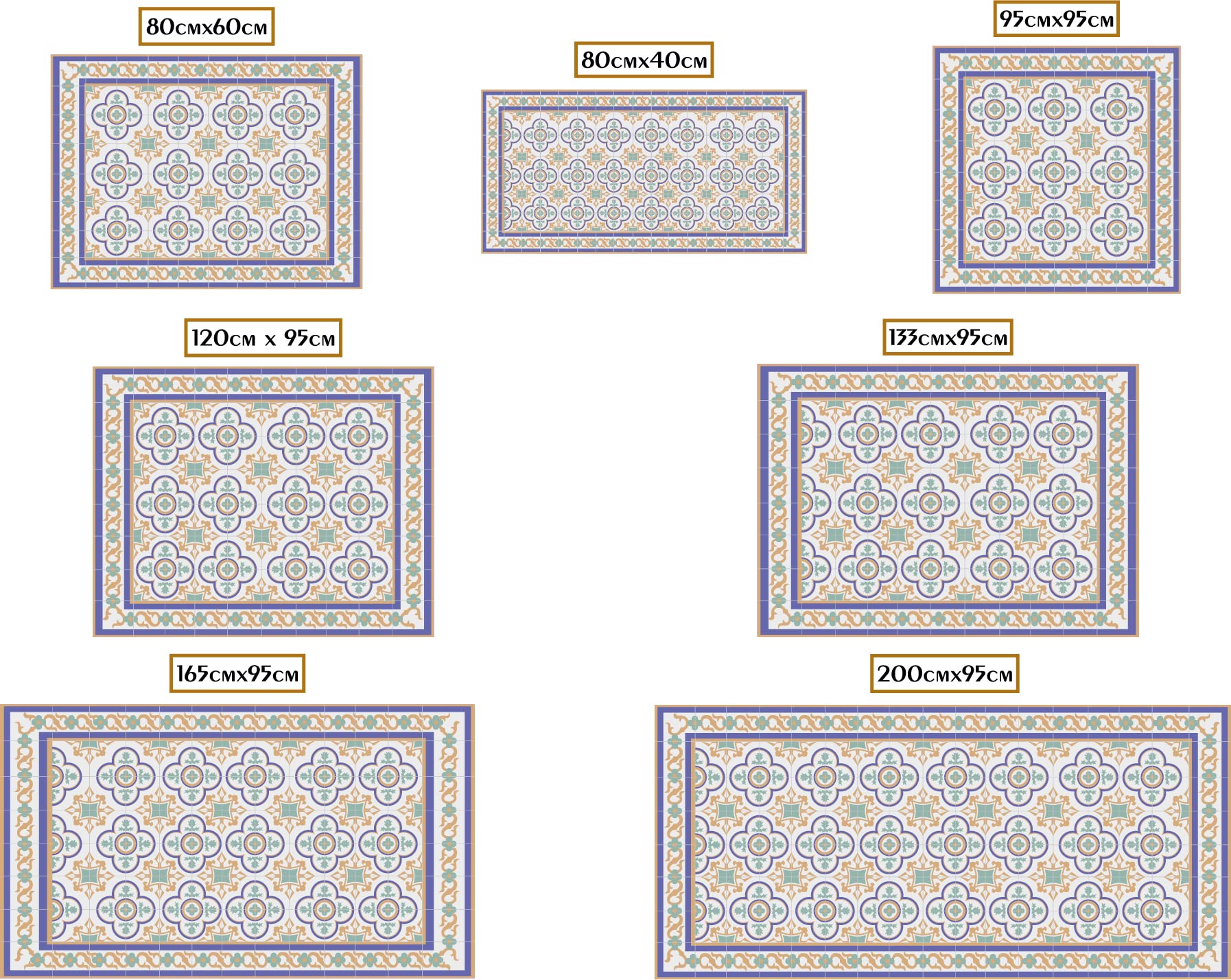 Oedim Tapis mosaïque vintage design bleu foncé, 120 x 95 cm, tapis de cuisine en vinyle, tapis de salon antidérapant, sol en vinyle