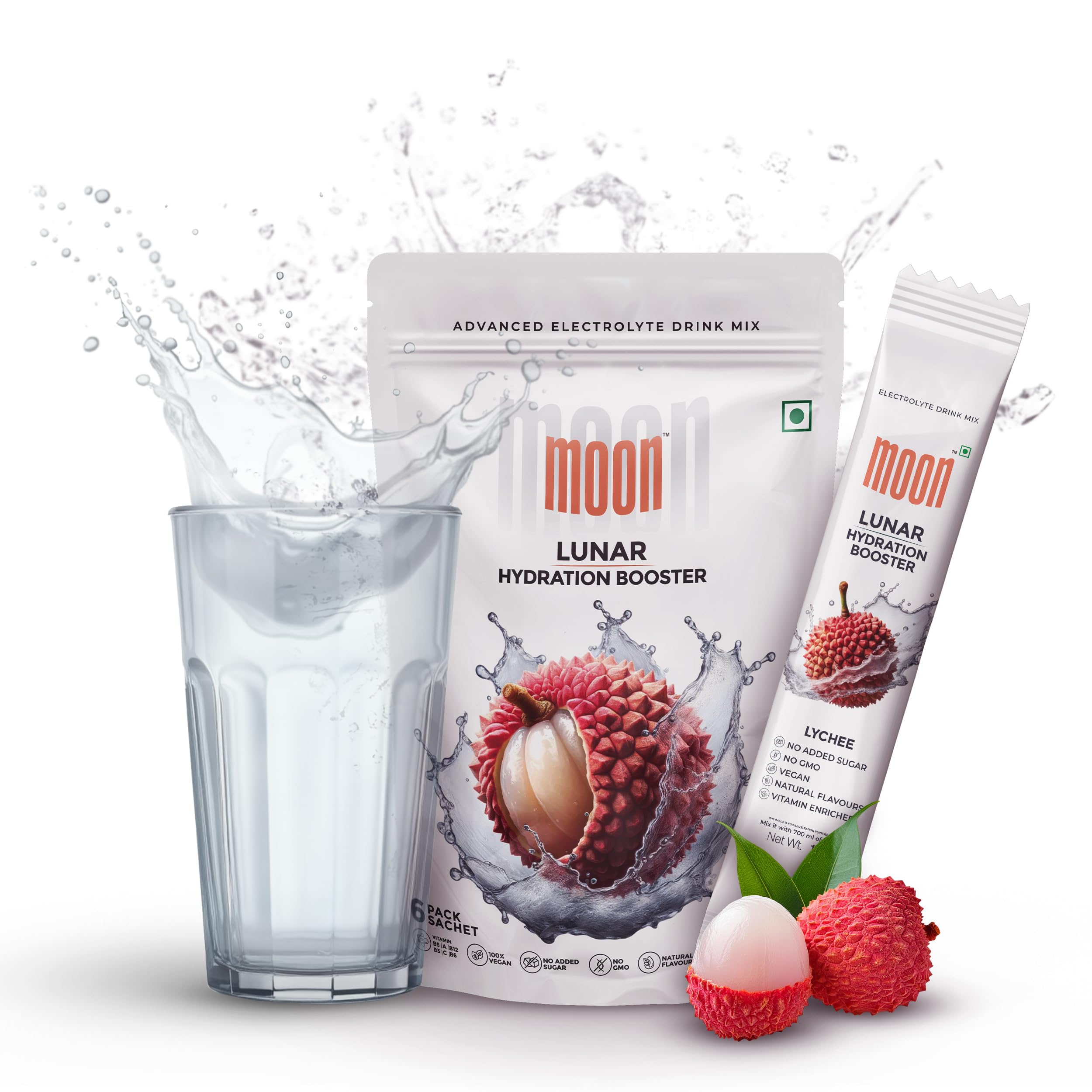 Moon Lunar Lychee hydration Booster | 100% Natural & Healthy Electrolytes Mix | Instant Hydration Pack of 6 (16g Sachets)