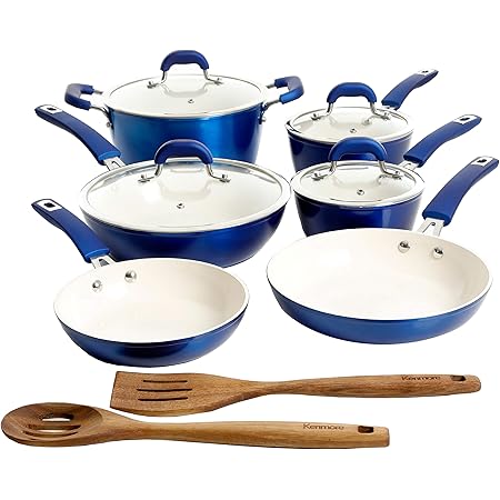 Kenmore Arlington Nonstick Ceramic Coated Forged Aluminum Induction Cookware with Bakelite Handles, 12-Piece Set, Metallic Blue