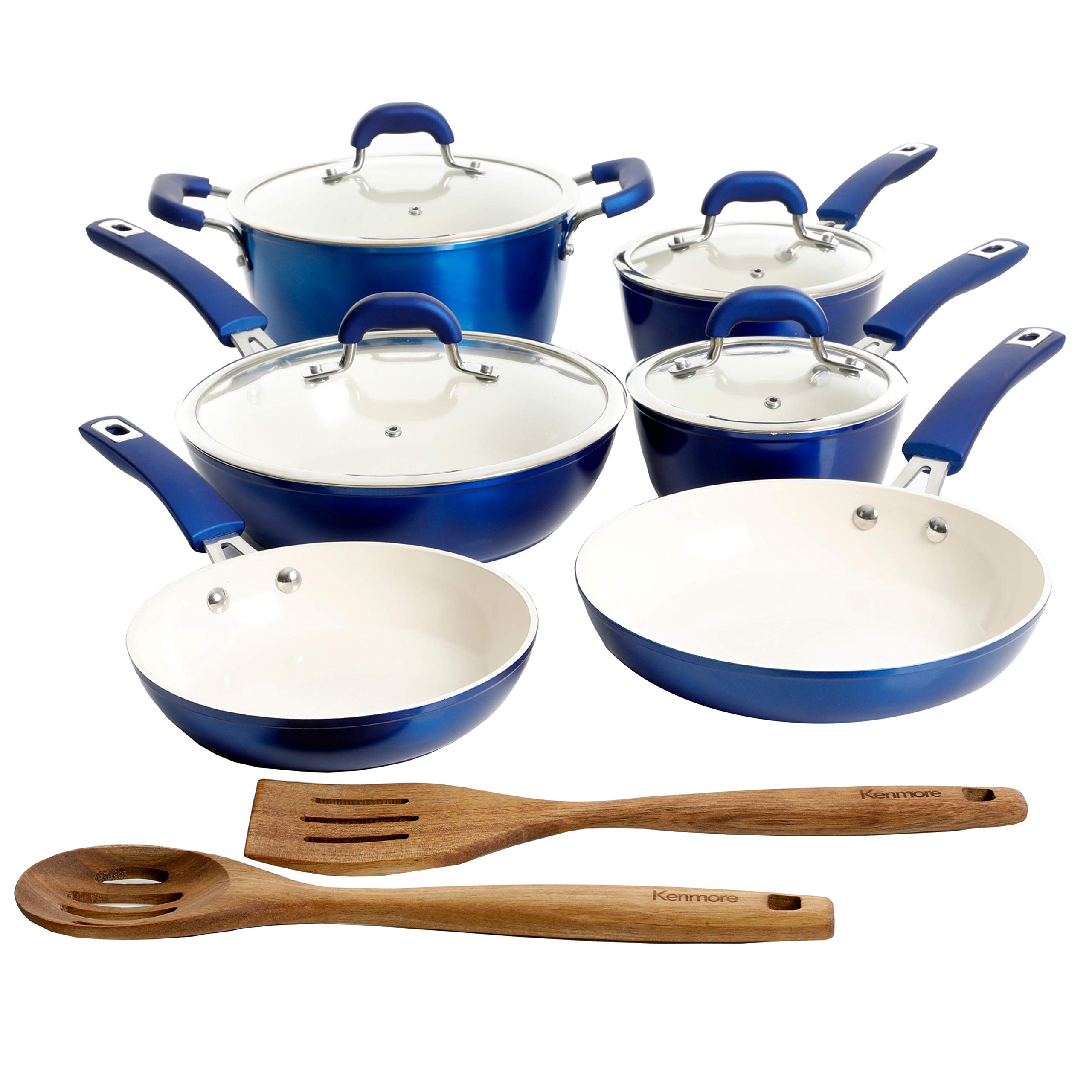 Kenmore Arlington Nonstick Ceramic Coated Forged Aluminum Induction Cookware, 12-Piece Set, Metallic Blue