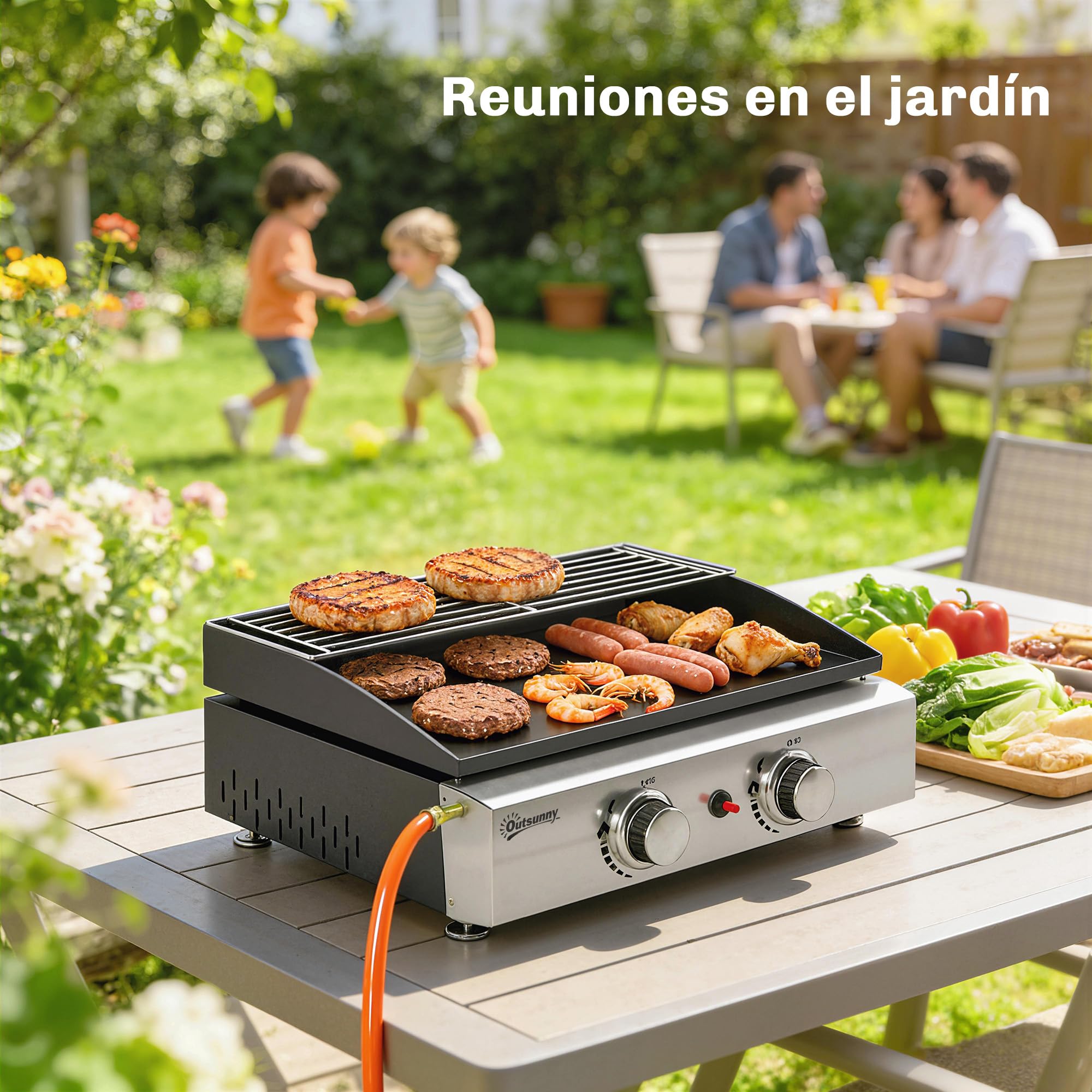 Outsunny Barbacoa de Gas BBQ Gas con 2 Quemadores 5 kW, Barbacoa Portátil con Plancha, Rejilla Calentadora y Recogedor Grasa, para Camping, Picnic, Terraza, Negro