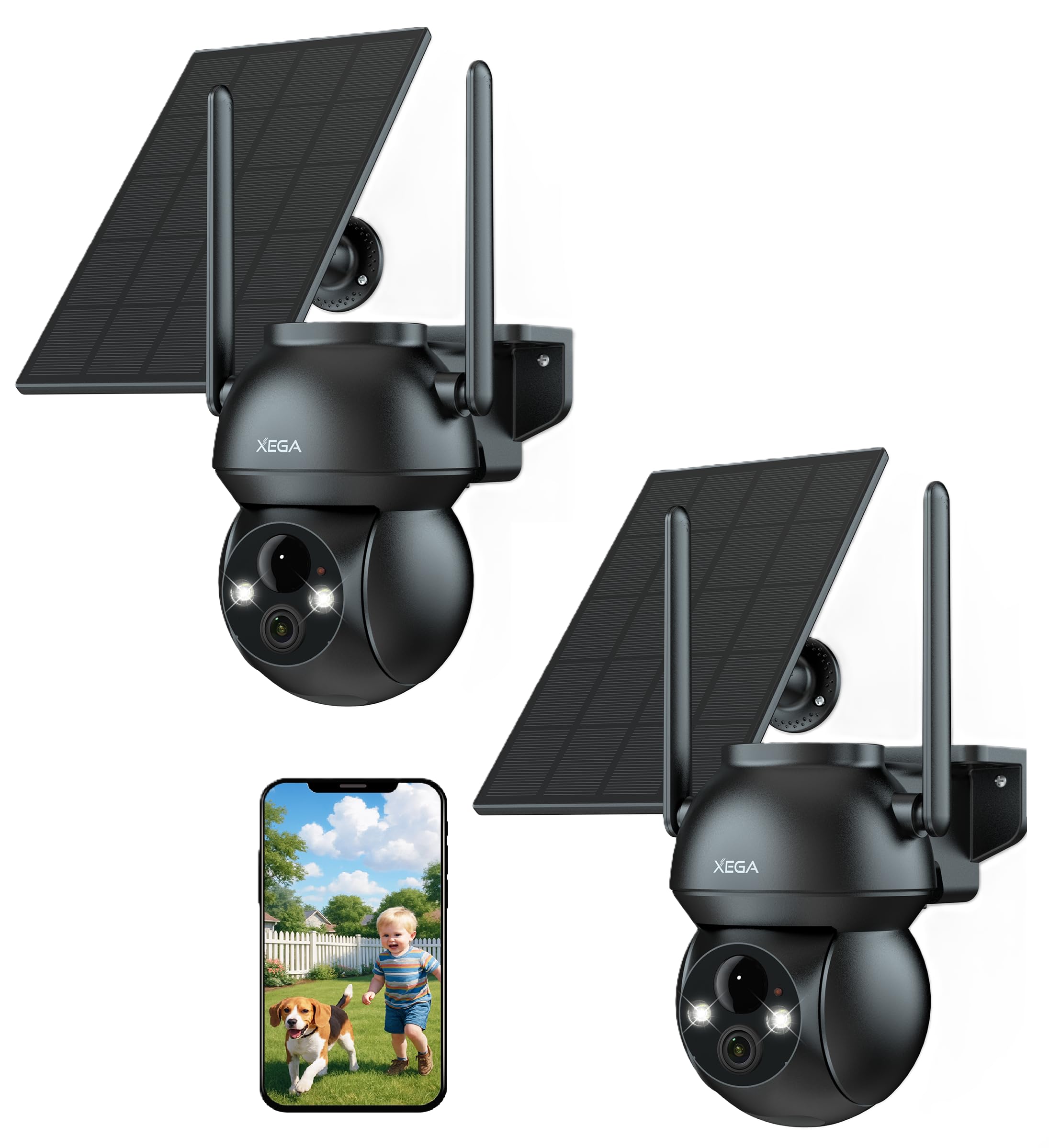 Xega 2 PiezasCámara Vigilancia WiFi Exterior Solar, Batería Incorporada Recargable, 2K HD Visión Nocturna en Color, Detección Humana PIR Audio Bidireccional Nube/Tarjeta TF WiFi 2,4 GHz IP66