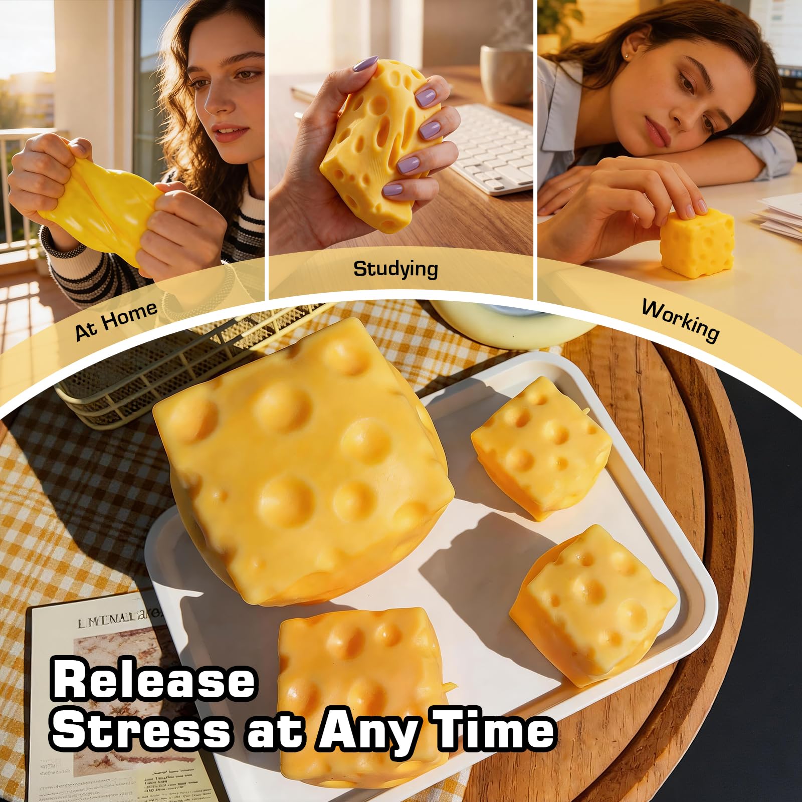 Giant Cheese Squishy – Slow Rising Sensory Fidget Toy, Jumbo Squeeze Cheese Cube for Stress Relief, Soft Hand Squeeze Toys, Portable Calming Gift for Adults Office Desk (Small-2.4") - 5