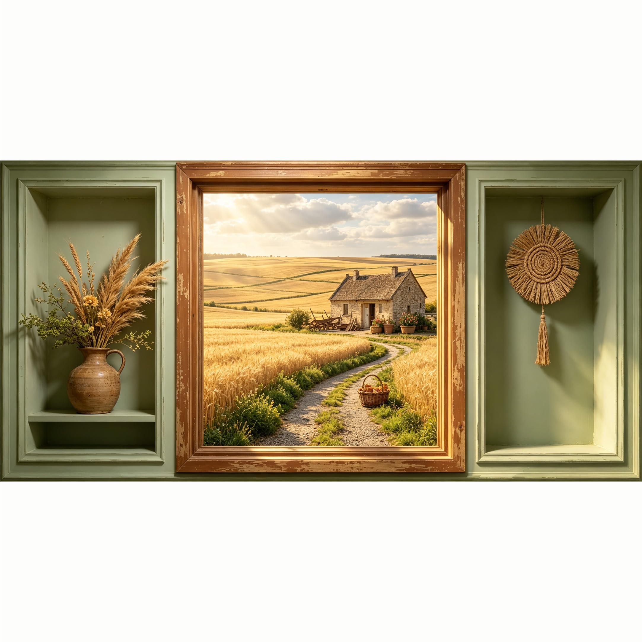 QZLITHOTIC 50x100cm 3D Framed Wall Art， Farmhouse Countryside Wheat Field Landscape Self‑Adhesive Mural， Water‑Activated Peel & Stick Fabric Decor Wall Decal for Bedroom Living Room