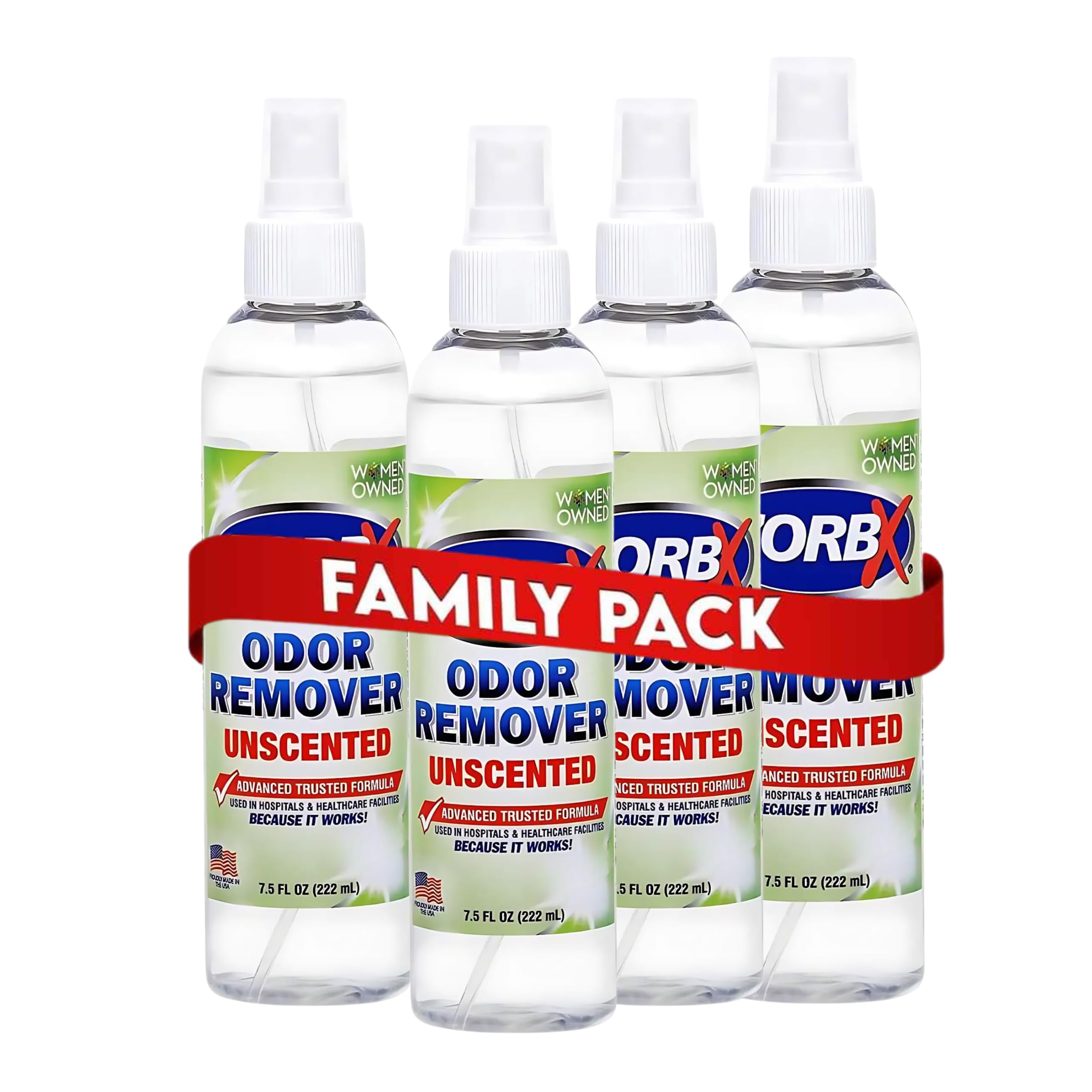 ZORBX Unscented Odor Eliminator for Strong Odor 7.5 Fl Oz, Pack of 4 - Used in Hospitals & Healthcare Facilities - Advanced Formula, Fast-Acting Odor Remover Spray for Dog, Cat, House & Carpet