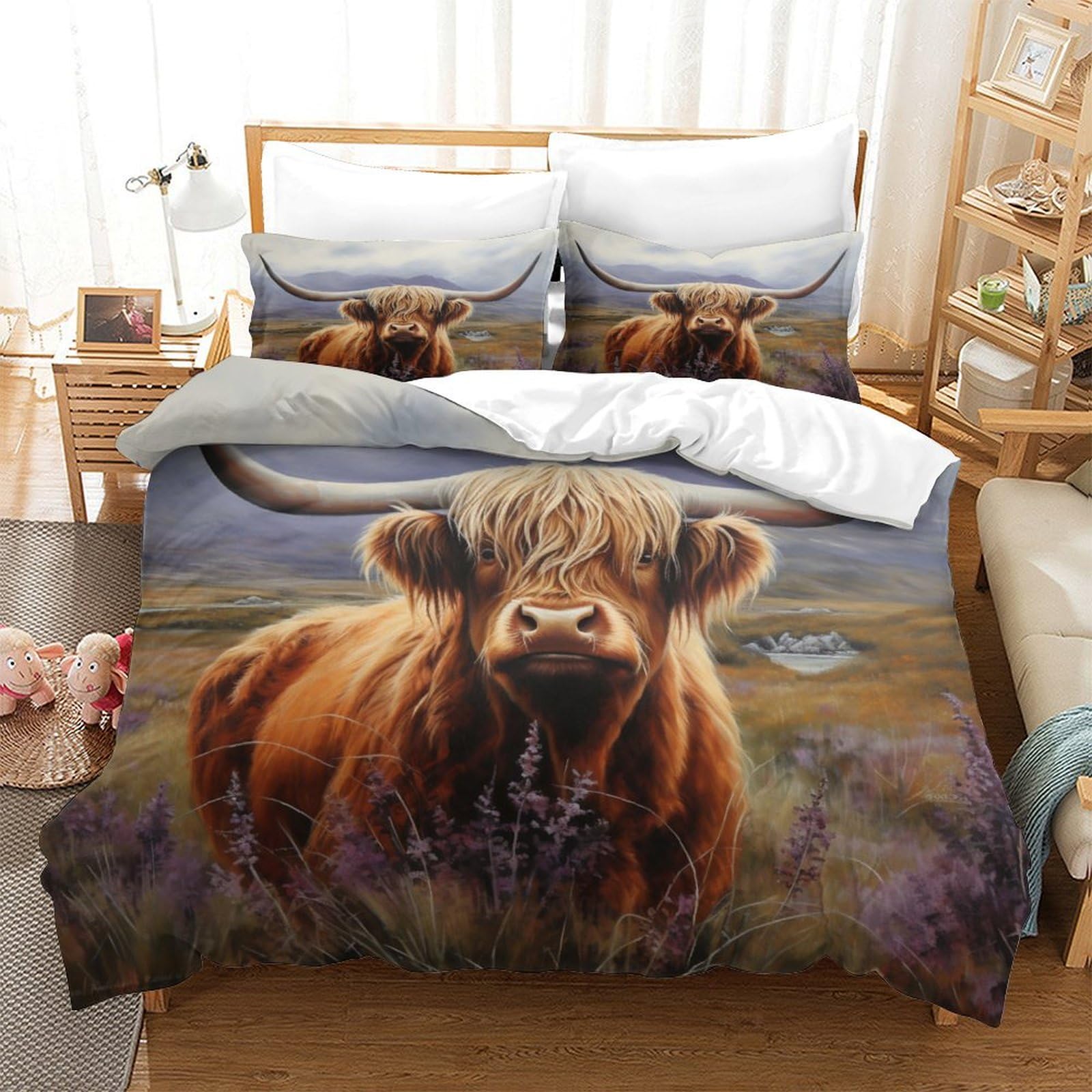Zhuicheng Highland Cattle Microfiber Duvet Cover 3 Pieces Reversible Cow Quilt Cover Easy Care Comforter Cover With Easy Care Pillowcases For Kids Adult Teens All Seasons Bedding Single（140X200cm）