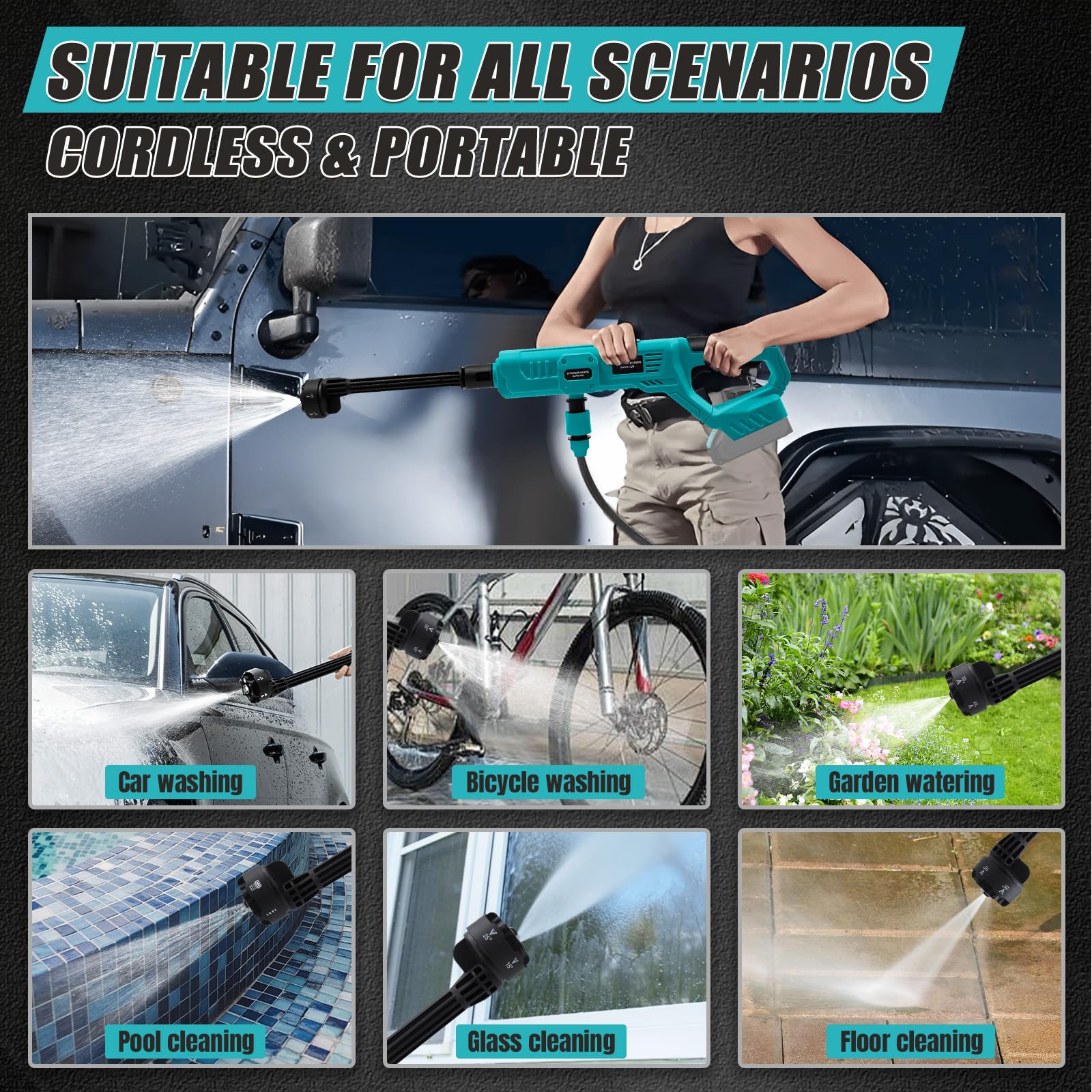 Roadtime Limpiador de Alta presión inalámbrico para Makita batería,Pistola de Limpieza portátil con línea de Agua de 5 m,Hidrolimpiadora Bateria con Boquilla 6 en 1 para Coches, Patios(sin batería)
