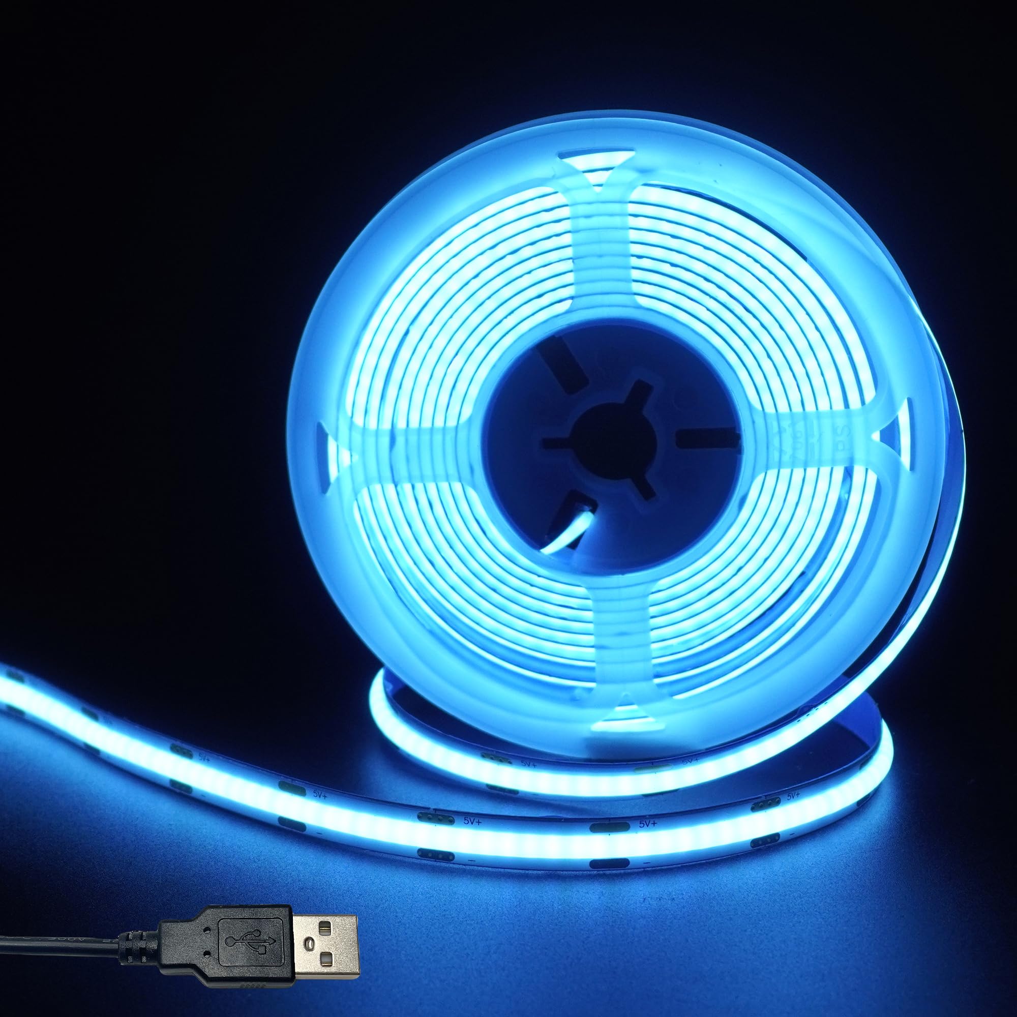 Clearhill 5V USB COB LED Strip Lights,Iceblue,8mm Width 320LEDs/m,8W/m,CRI90,16.4FT/5M,Electroplated Double-Sided Panel Light Strip,Waterproof IP20,Flexible Strip for Indoor Decoration