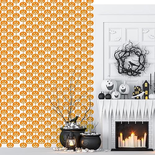 Miniatura 5 de Paquete de 2 cortinas de flecos metálicos de Halloween de 3.2 x 6.6 pies, cortinas de oropel en forma de calabaza naranja, accesorios para fotos,