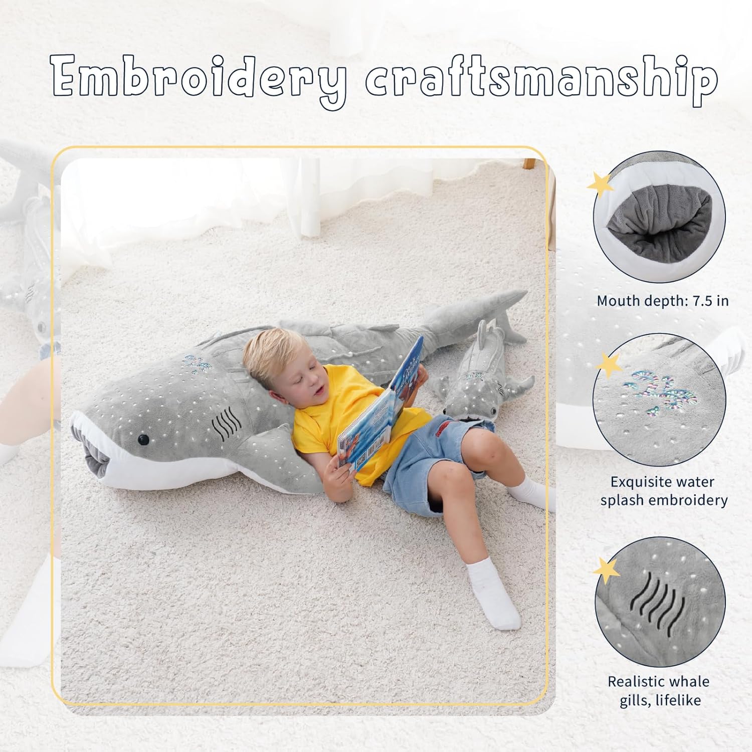 Gray Whale Shark Stuffed Animal – Giant 39 Inch Cuddly Whale Shark Plushie Shark Plush Pillow for Kids and Adults, Ocean Animal Gift for Shark Lovers