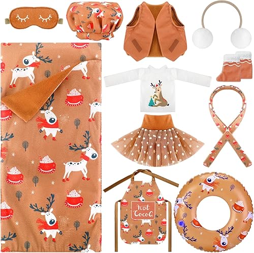 Miniatura 43 de Kacctyen 12 piezas de accesorios de Navidad incluyen muñeca de Navidad, saco de dormir, suéter, delantal, sombrero de chef, bufanda, orejeras