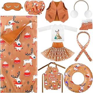 11 Pcs Christmas Elf Accessories Include Brown Elf Doll Sleeping Bag Apron Chef Hat Ear Muffs Scarf Top Shorts Vest Ski Ring Eye Mask Skirt Snowmen Elf Clothes (Reindeer Style)