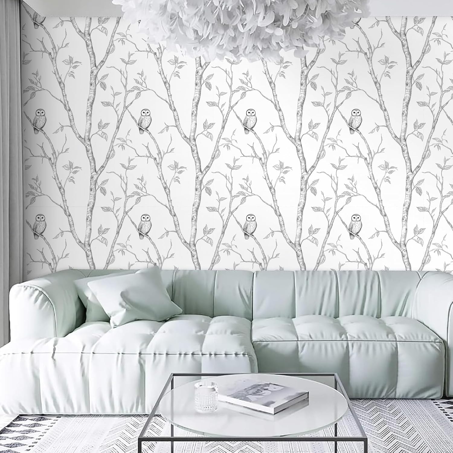 Neutral Birch Tree Owls Shelf Liner Contact Paper Peel and Stick Wallpaper for Nursery Kids Adults Bedroom Wall Living Room Kitchen Bathroom Cabinets Arts Crafts Decal 17.3X117 Inches