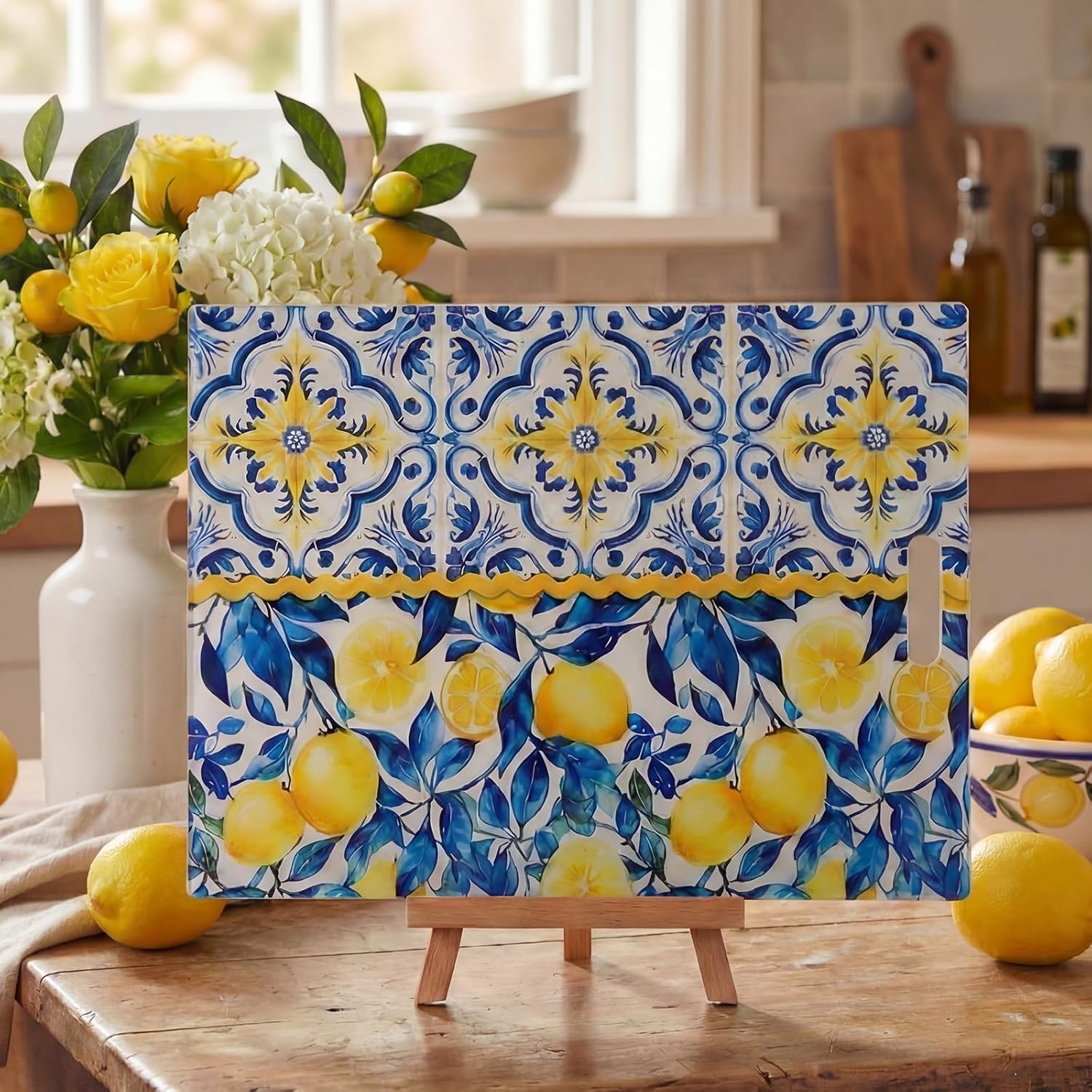 2 Pack Glass Cutting Board for Kitchen, Lemon Tempered Glass Cutting Board with Handles Set Gifts Charcuterie Cheese Snack Boards Decorative, 16 x 12 Inches and 12 x 8 Inches(Blue Lemon)