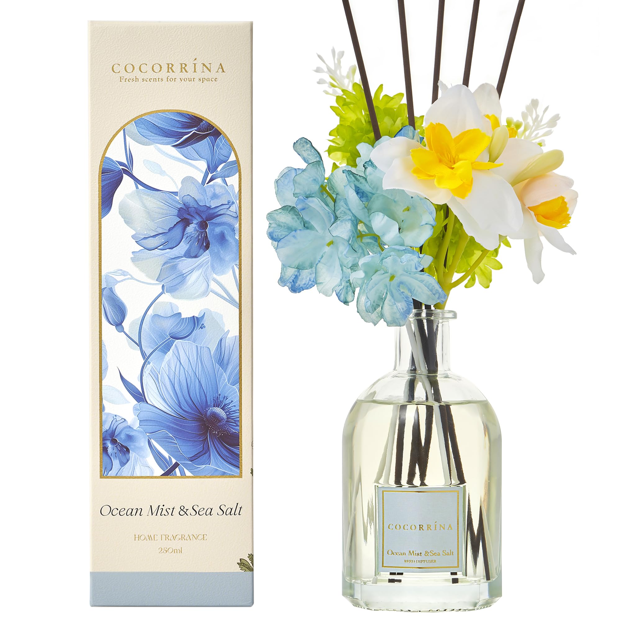 COCORRÍNA Fiore Diffusore Profumo Ambiente 250ml con 8 Bastoncini, Ocean Mist & Sea Salt, Diffusore di Olio Essenziale di fragranza per la casa per la Decorazione della mensola del Bagno