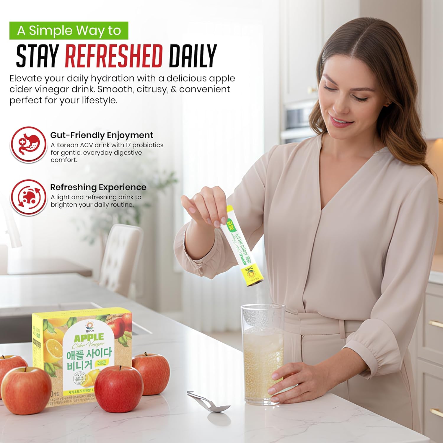 HaeOn Apple Cider Vinegar Drink Powder Stick – On-the-Go with 1500mg ACV, 30 Sticks, Sugar-Free, Probiotics | Supports Digestion (Pack of 30, Lemon)