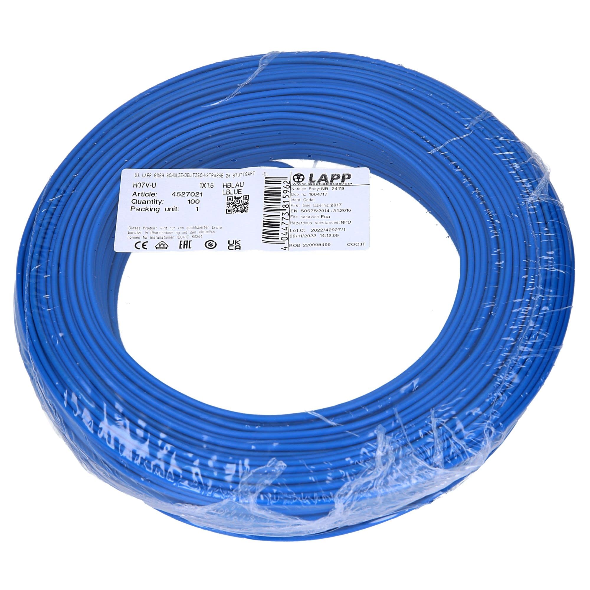 Lapp 100m Przewód H07V-U 1,5 mm² - Niebieski Drut Pojedynczy Sztywny | Kabel instalacyjny PVC do szaf sterowniczych i rur ochronnych. Miedziany drut montażowy z certyfikatem VDE i HAR.