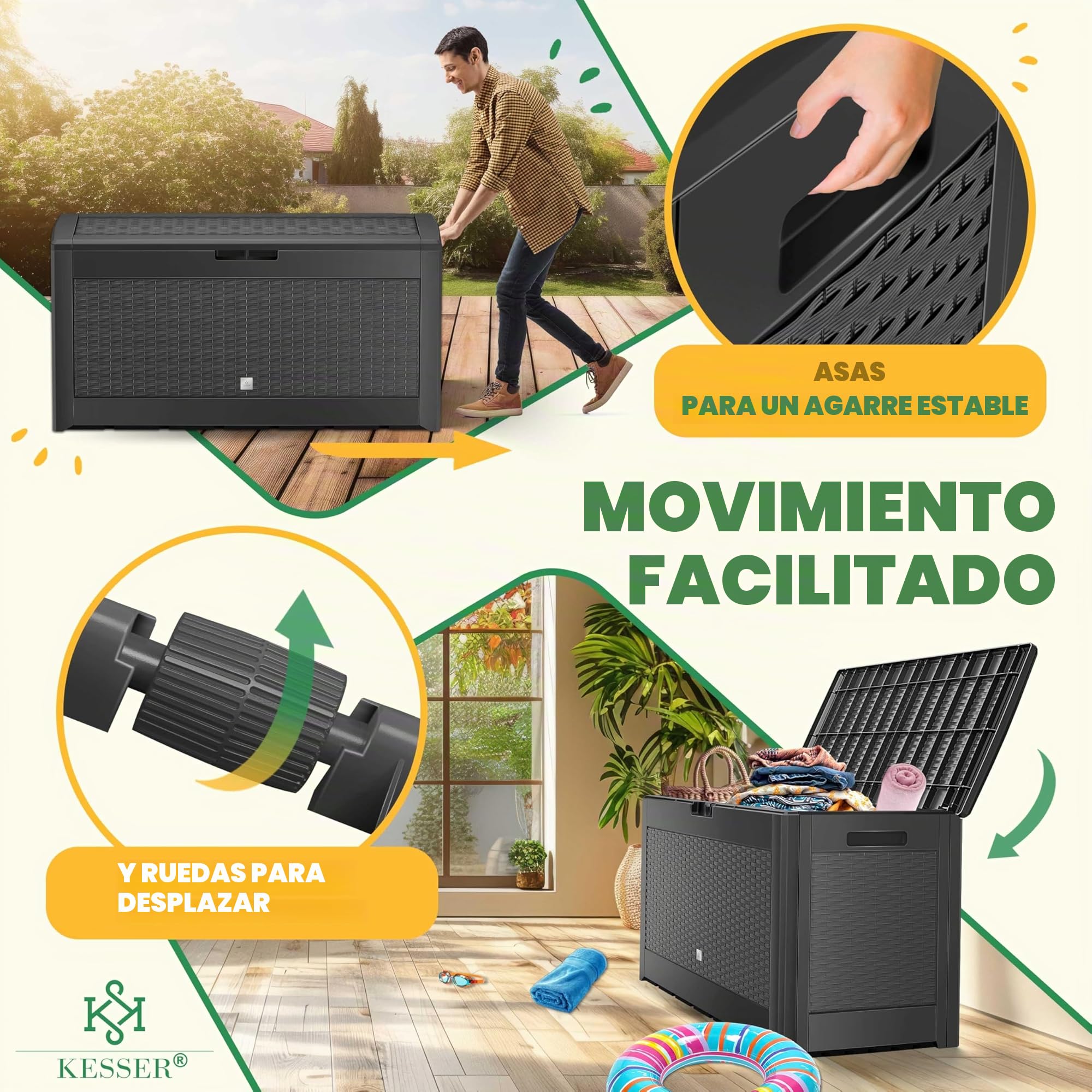 KESSER® Caja para Cojines 310 Litros Con Ruedas, Tapa Plegable, Asas, Aspecto de Ratán, Resistente a la Intemperie, Almacenamiento para Jardín
