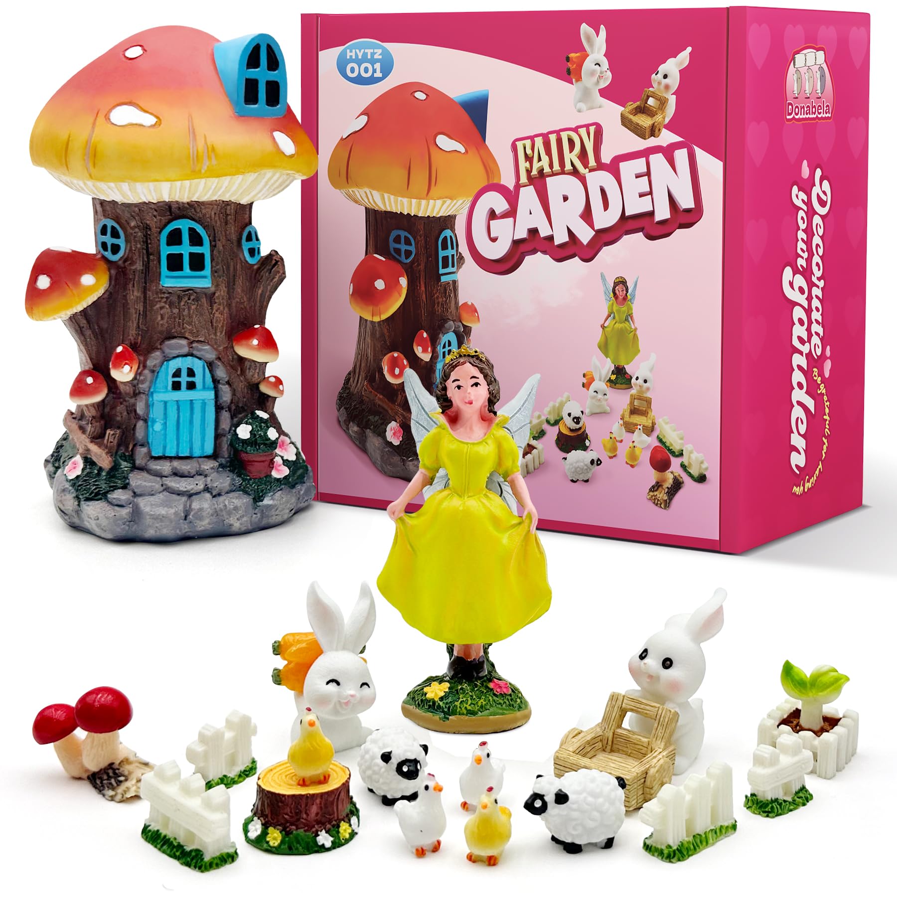 DONABELA Fairy Garden Kit Small Mushroom House Miniature Animals Figurines Accessories Outdoor Tiny Decor for Kids 18 PCS