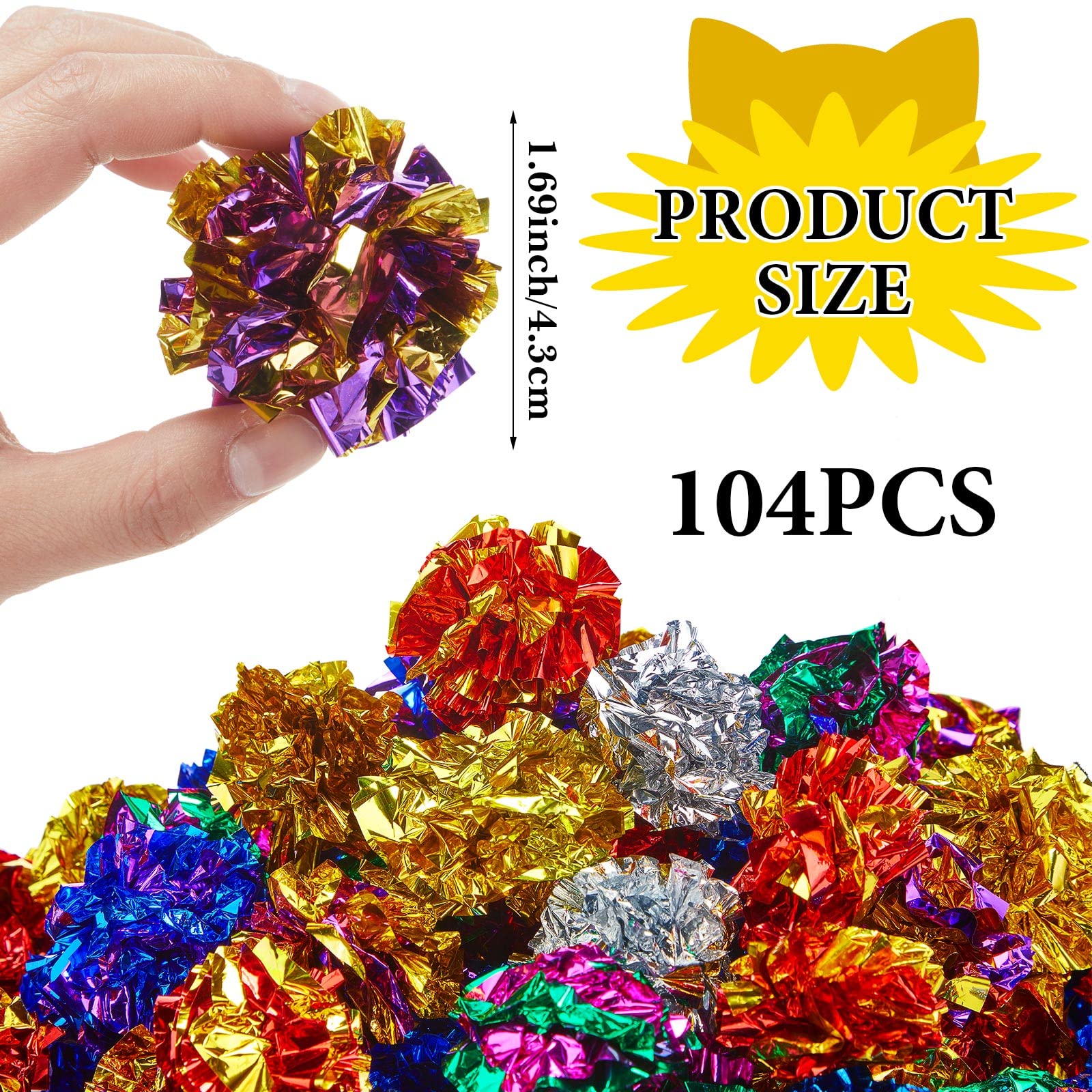 Jexine Lot de 104 jouets colorés pour chat en mylar de 4,4 cm - Balles interactives et légères - Jouets doux à mâcher et à chasser pour chat - Pour garder la forme et l'exercice