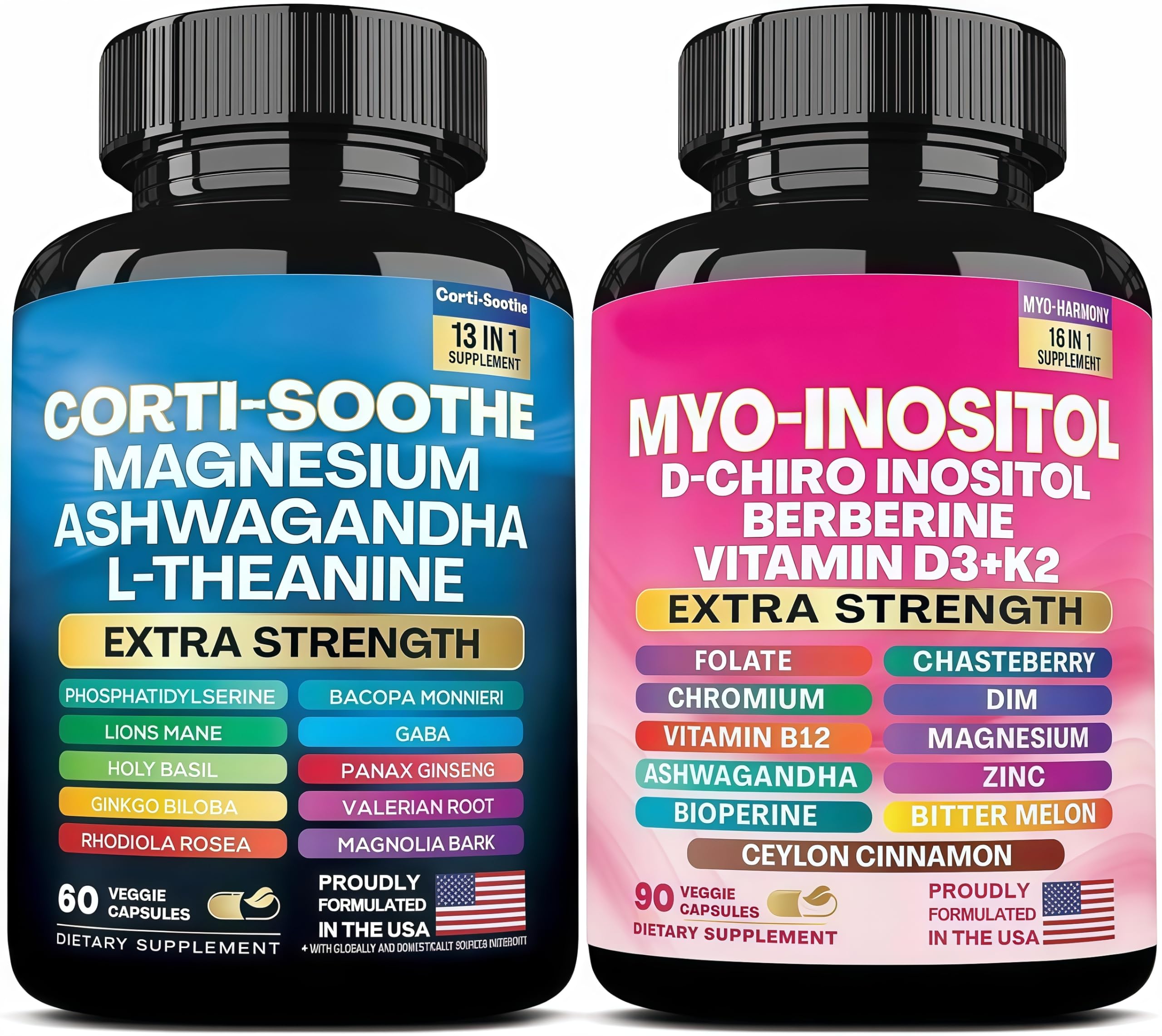 ALongDeng Soothe-Smooth Bundle,Soothe & Smooth Bundle Multivitamin Combo, Cortisol Support Myo-Inositol Multivitamin Combo with Magnesium Glycinate, Ashwagandha, L-Theanine & Herbal Blend - D