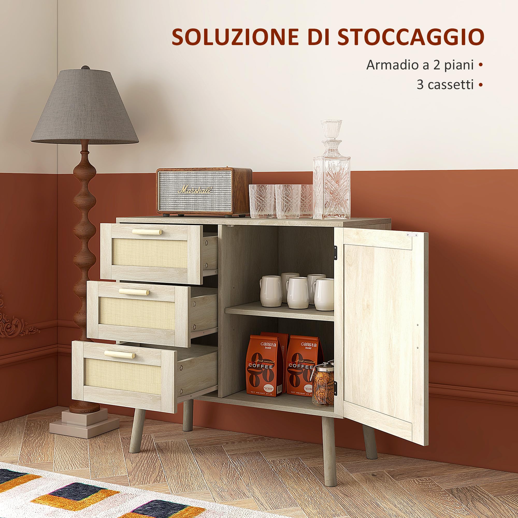 HOMCOM Mobile Multiuso in Stile Boho con Armadietto e 3 Cassetti in Legno e Rattan per Soggiorno e Ingresso, 80x36x75cm, Rovere