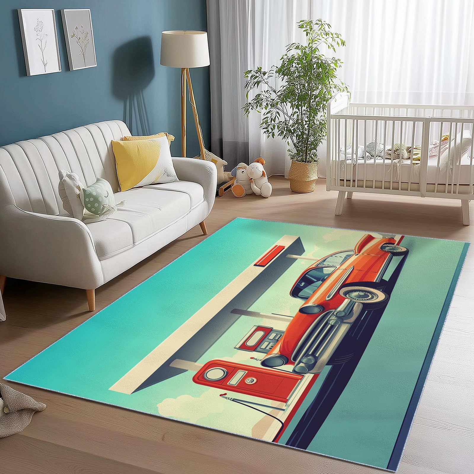 Dywan do salonu 160 x 230 cm Można prać w pralce Duży dywan Sypialnia Dorosły Retro Samochody Stacje Obsługiwane Miękkie Łóżko Downhill Dekoracja Sypialni Jedzenie, Czerwony