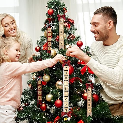 Miniatura 5 de DIY Letter Christmas Tree Decorations Letter Tiles Christmas Decor Wooden Words Christmas Ornament with Linen Bells Bow Hanging Capital Letter
