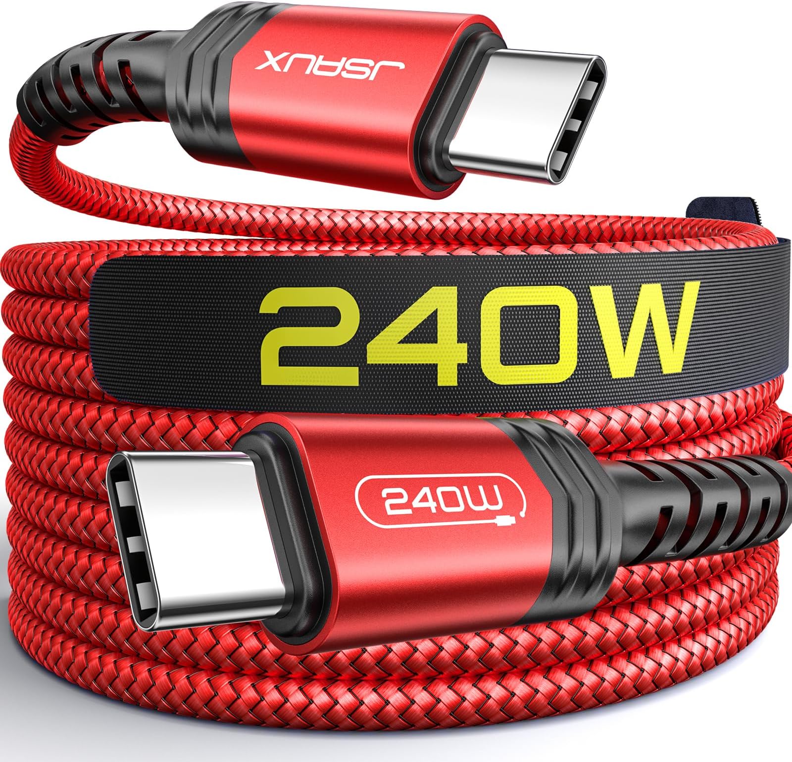 JSAUX 240W USB-C Charge Cable [2-Pack 6.6FT&10FT], USB C to USB C Cord USBC Type C Fast Charger Compatible with MacBook Pro Air, iPad Pro Air, Dell, iPhone 15/15 Pro Max, Galaxy S23/S22/S21, Pixel-Red