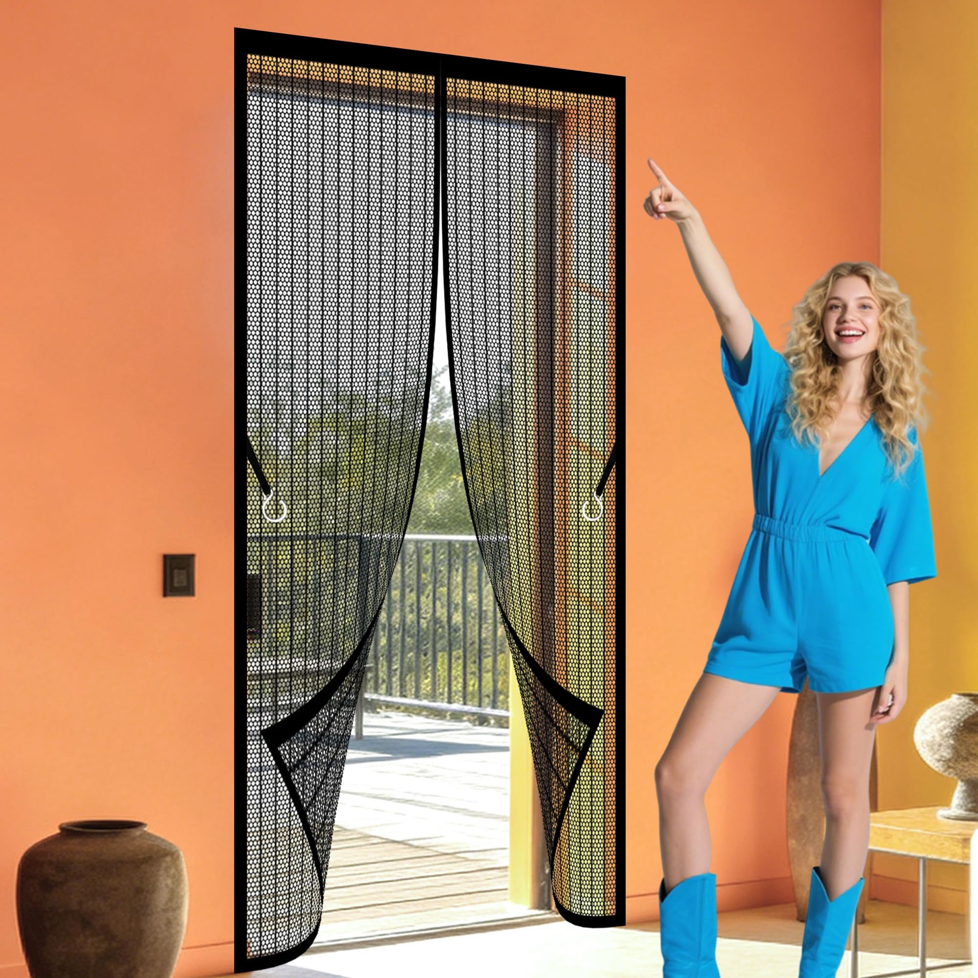 Magnetic Screen Door 114 x 274 cm No Tools Installation Insect Mesh Keep Fresh Air in Bugs Out Suitable for Balcony, Terrace, Cellar, Bedroom and Sliding Room, Black