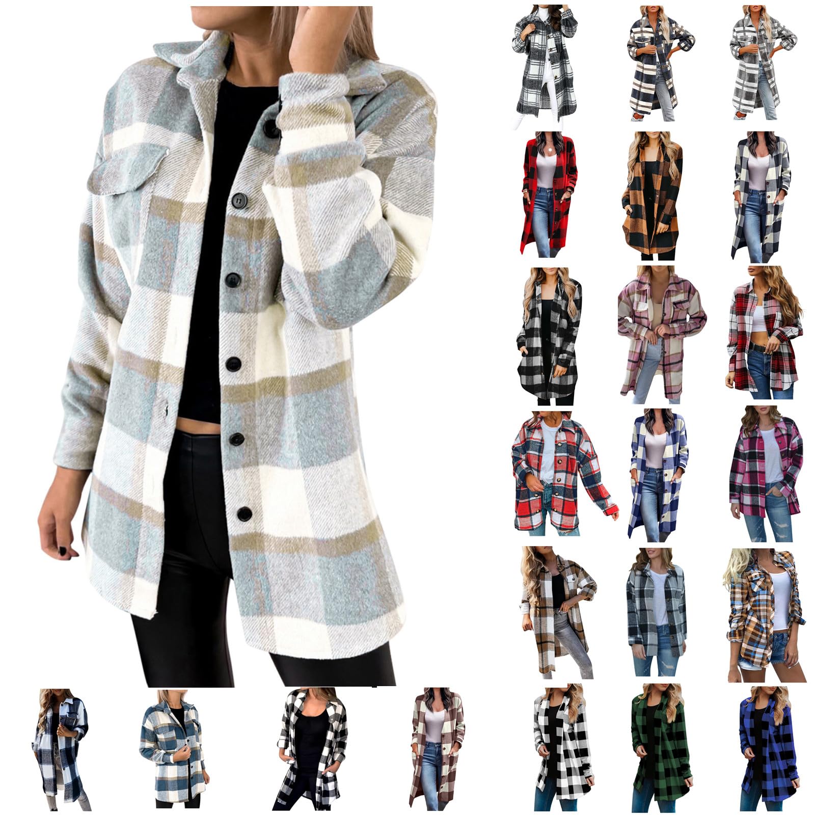 Plaid Shirts for Women Casual Shacket Jacket Long Sleeve Lapel Button Down Shirts Coats Blouse Tops with Pocket