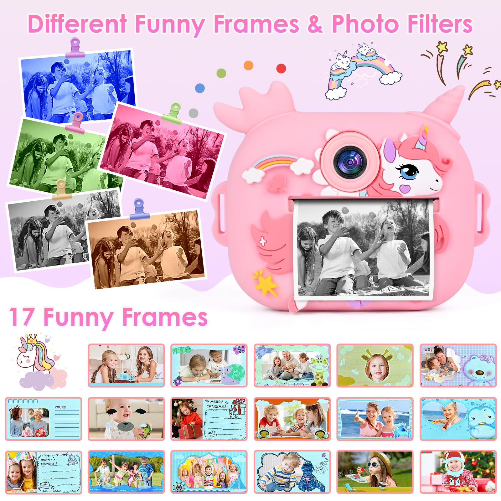 Macchina Fotografica Istantanea per Bambini, 2,4 Pollici 1080P Fotocamera Selfie Digitale con 32GB Scheda e Carta Fotografica, Regali di Natale da 3-12 Anni (Rosa)