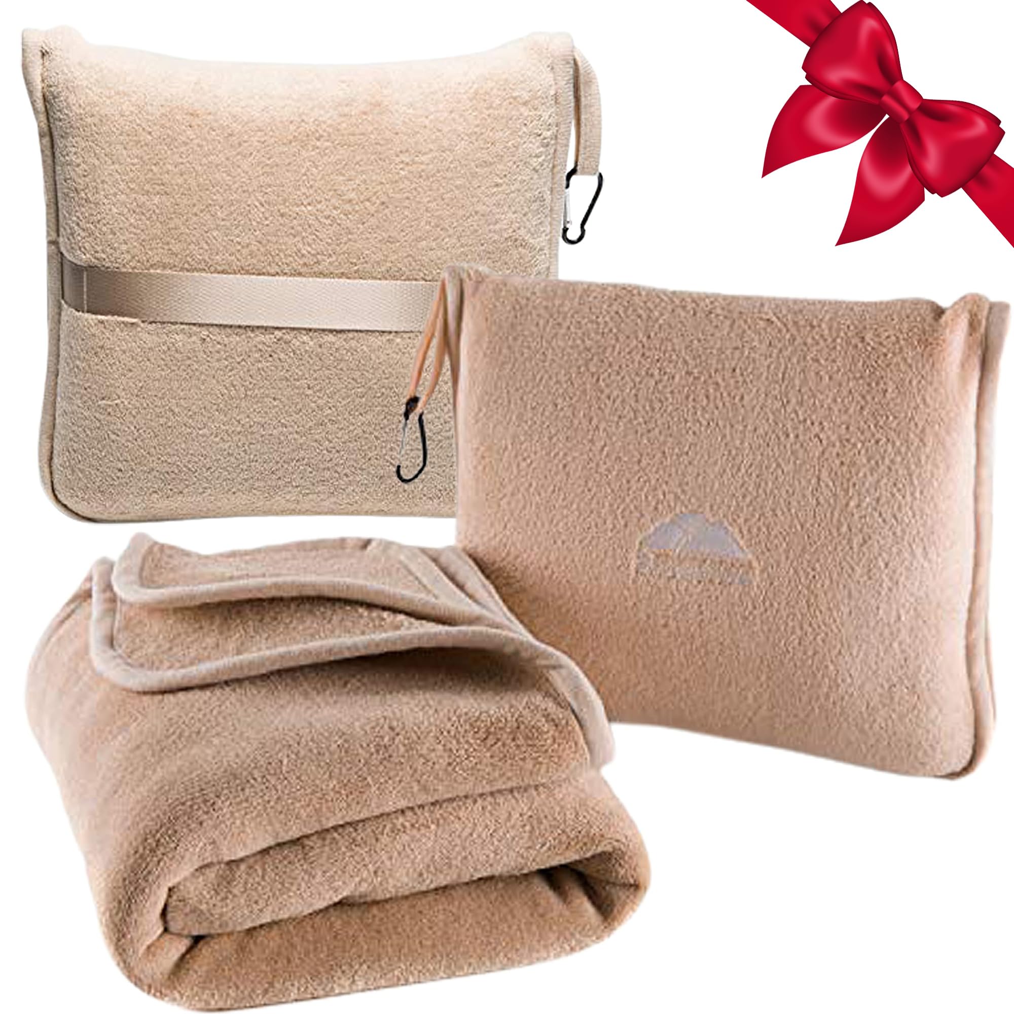 BlueHills Premium Soft Travel Blanket Pillow Airplane Blanket Packed in Soft Bag Pillowcase with Hand Luggage Belt Backpack Clip Compact Pack Large Portable Flight Throw Beige T005