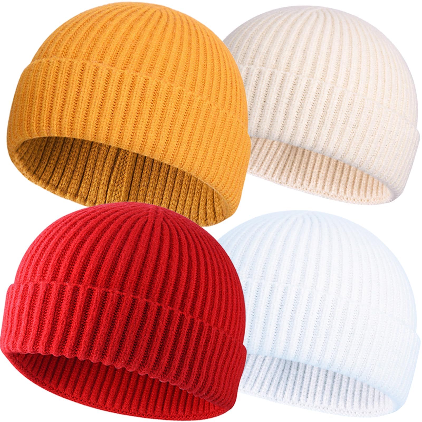 ROYBENS 4 Pack Wool Fisherman Beanies for Men, Knit Short Watch Cap Winter Warm Hats