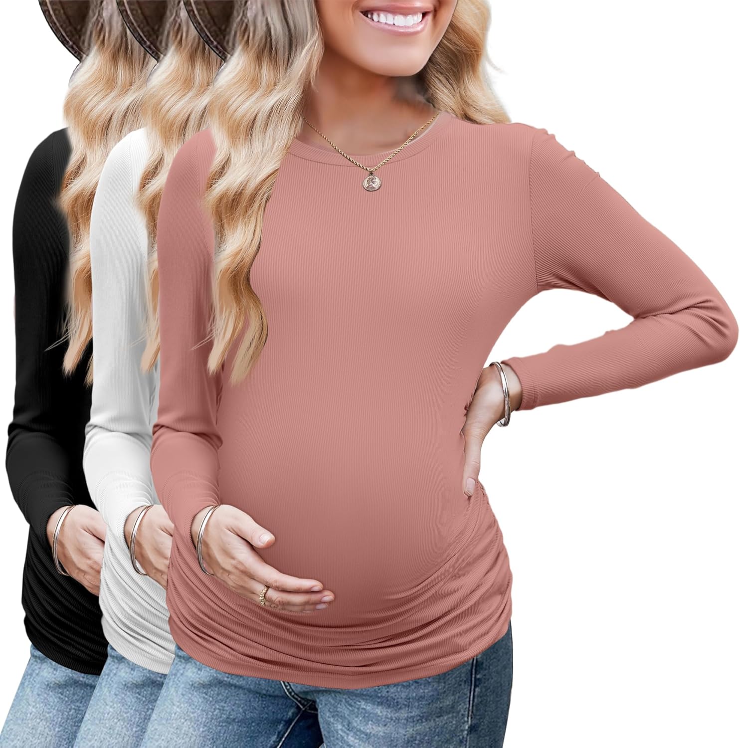Ekouaer Maternity Long Sleeve Shirt 3Packs Round Neck Pregnancy Tops Casual Tee Top Shirts