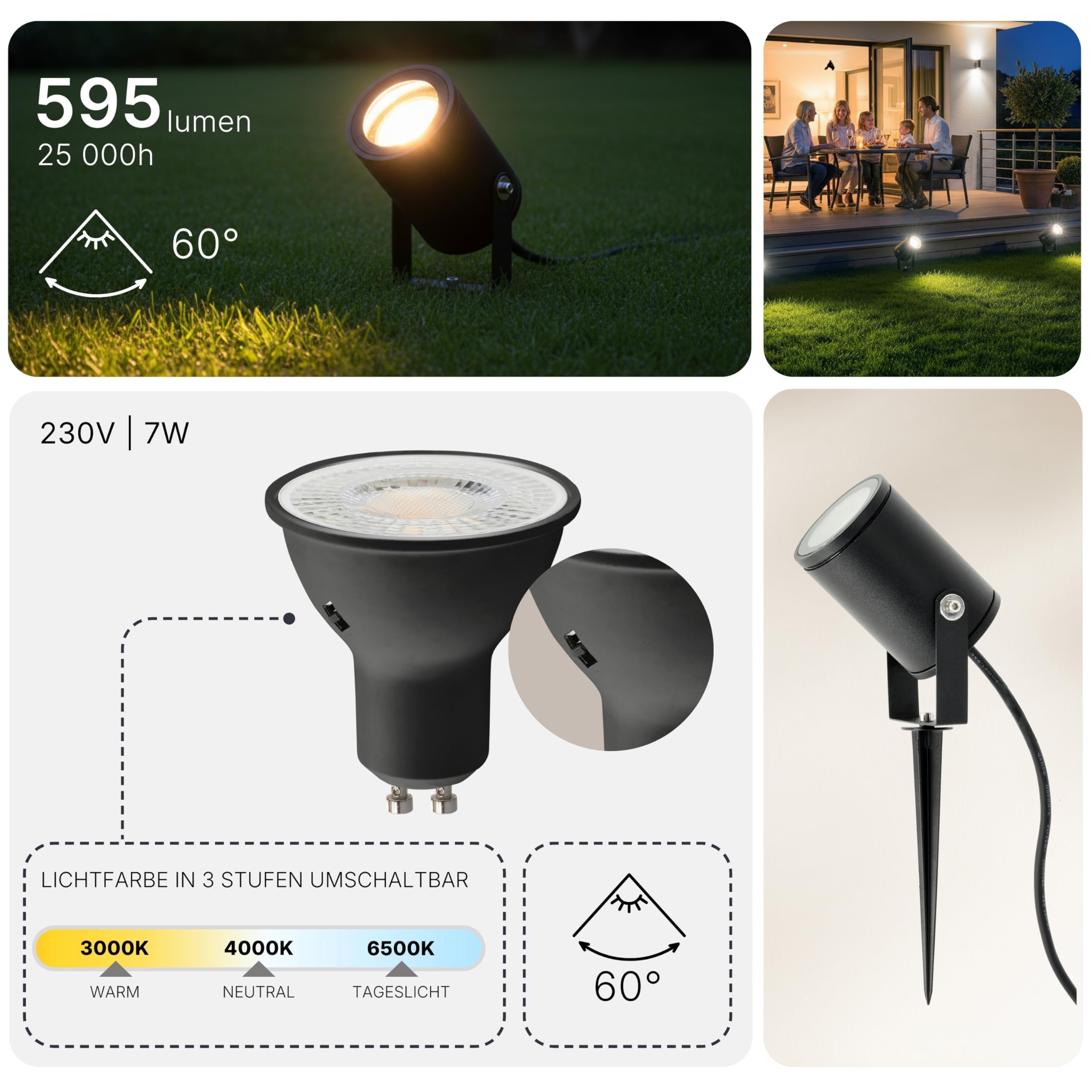 LED Gartenstrahler 2er Set 230V IP65 CCT 3000K-6500K 7W 595lm Schwarz