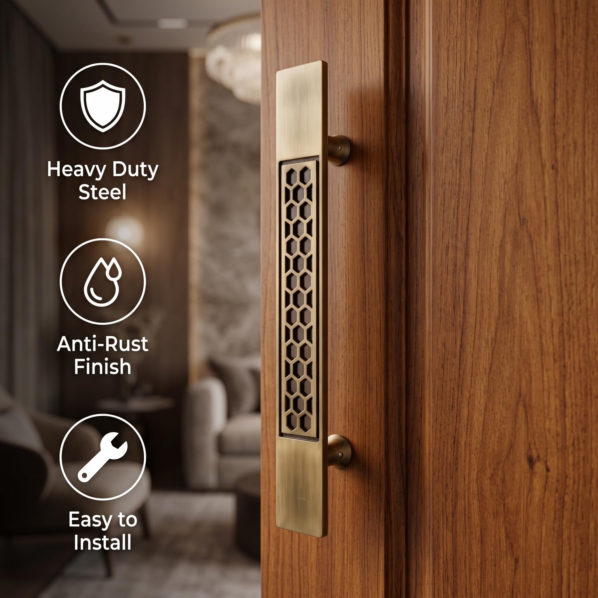 Q-SEVEN Main Door Handle 12 Inch | Hole to Hole 10 Inch | Antique Gold Pull Push Handle for Wooden, Glass & Metal Doors | Heavy Duty Steel | Pack of 1 | 3 Years Warranty (Antique, 12 Inch, Q21) 1