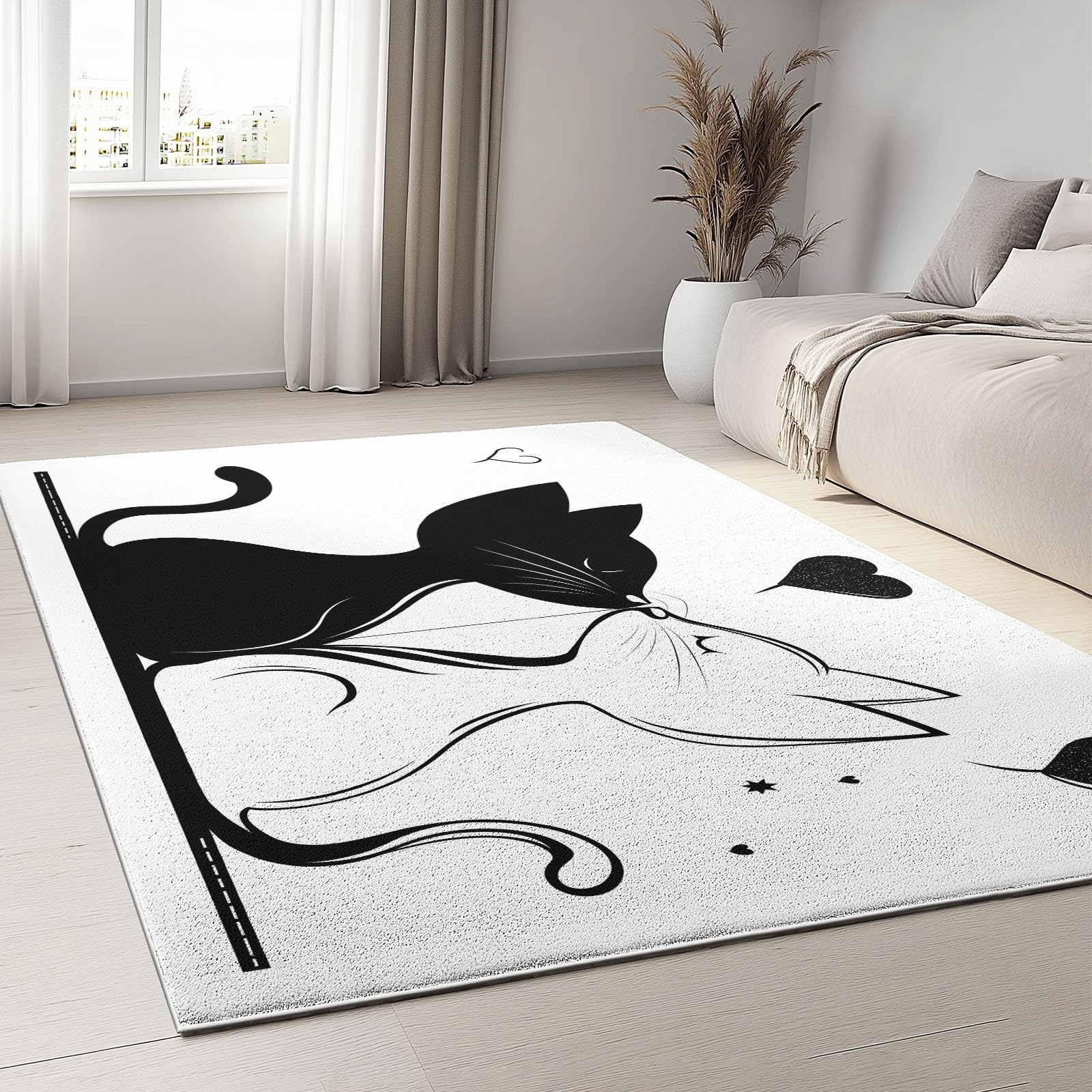 Tapis pour chambre 120x170 cm avec motif chat en noir et blanc pour salon