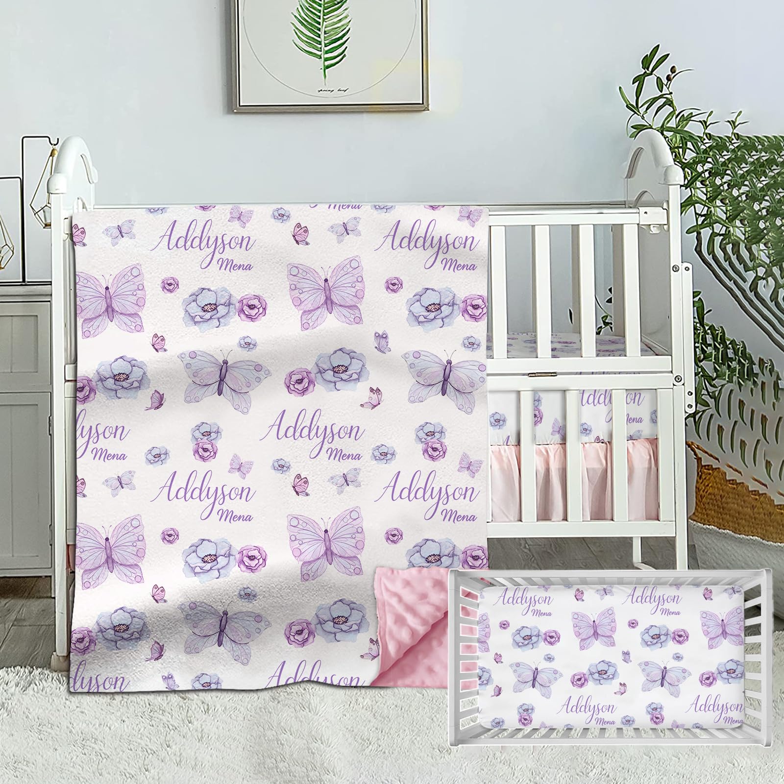 Munific Personalized Baby Girl Bedding Set, Custom Name Crib Comforter, Butterfly Bedding, 2 Piece Set with Fitted Sheets
