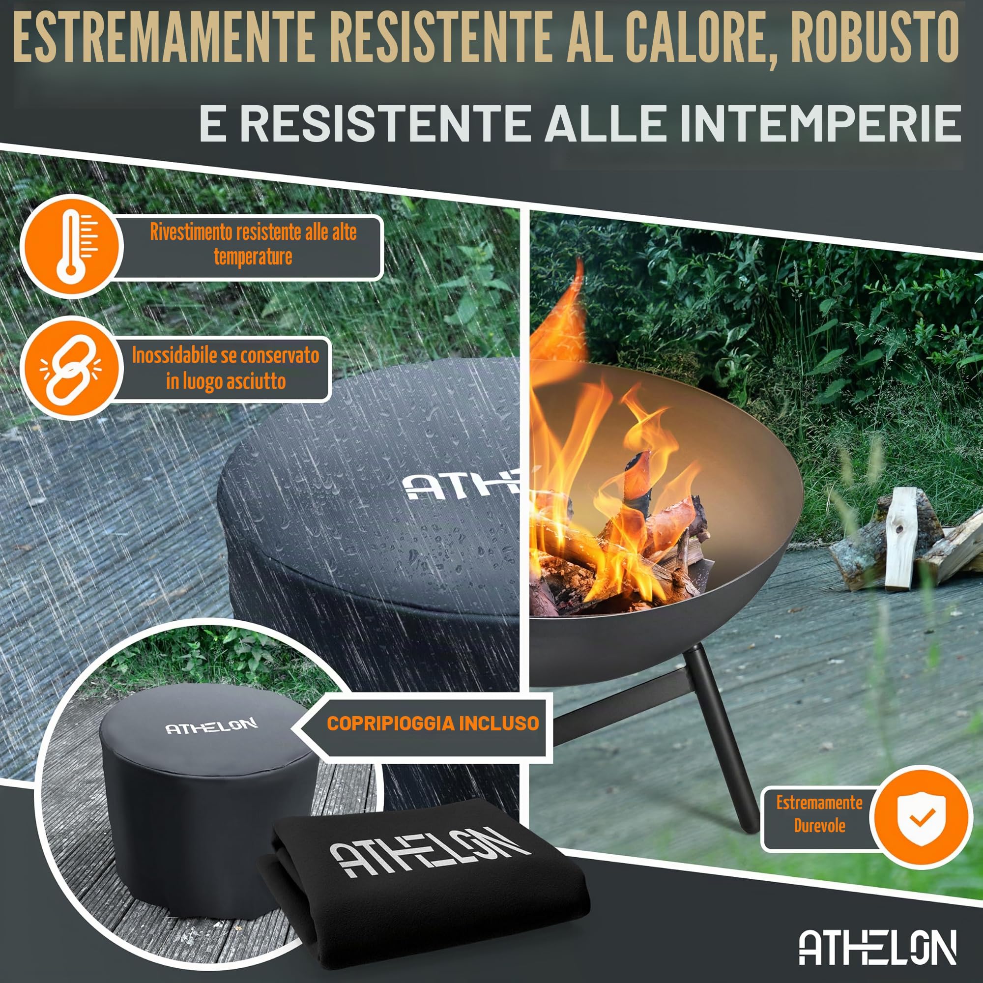 ATHELON® Braciere [Ø 60 cm] - Braciere da esterno resistente alle intemperie in acciaio per giardino, terrazzo e balcone [con meccanismo di ribaltamento] - incluso accessorio e copertura, nero
