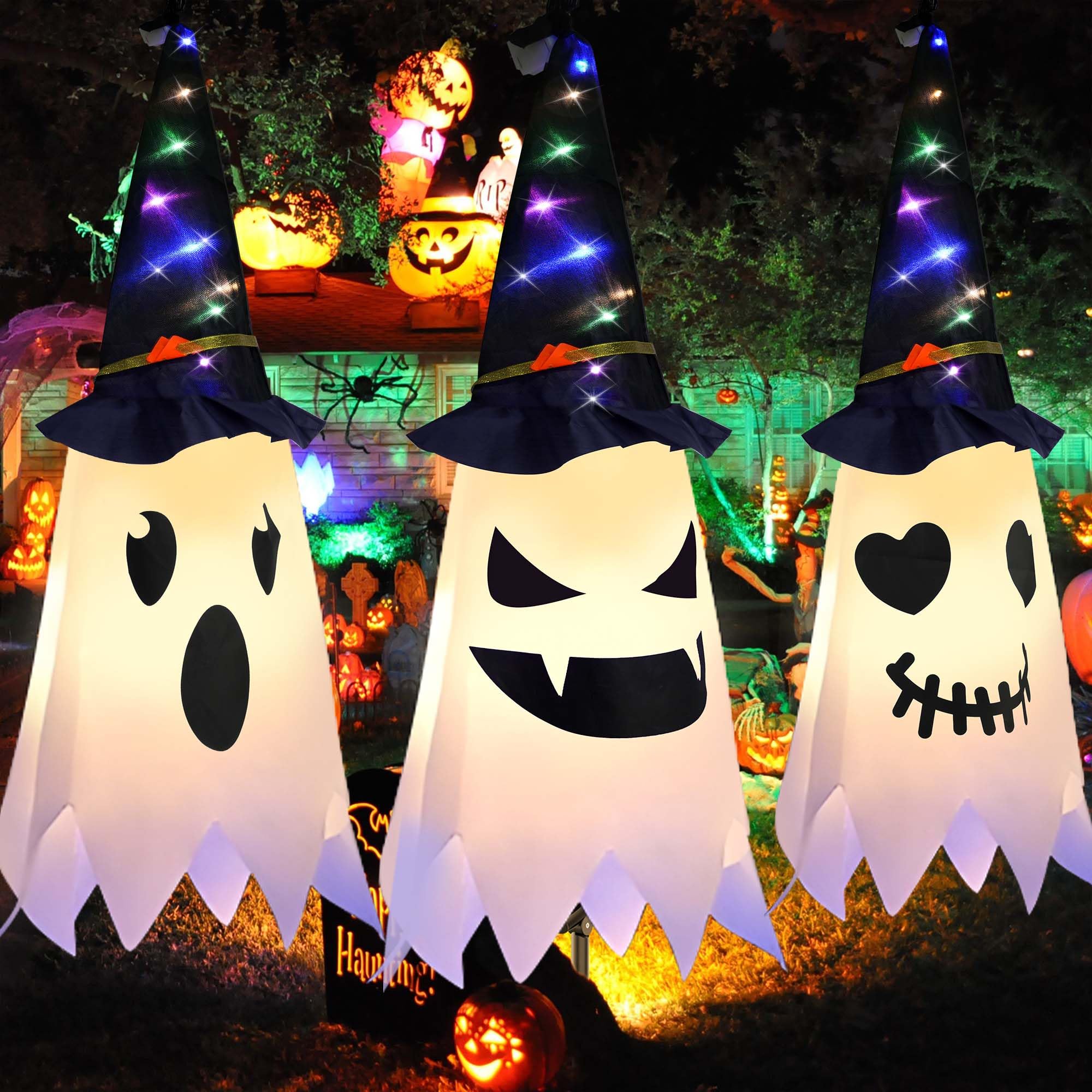 Halloween Decorations: 3 Pcs Light Up Hanging Ghosts, Cute Lighted Glowing Ghost Witch Hat Ornaments for Outdoor Indoor Party Decor, Home, Tree, Garden, Yard