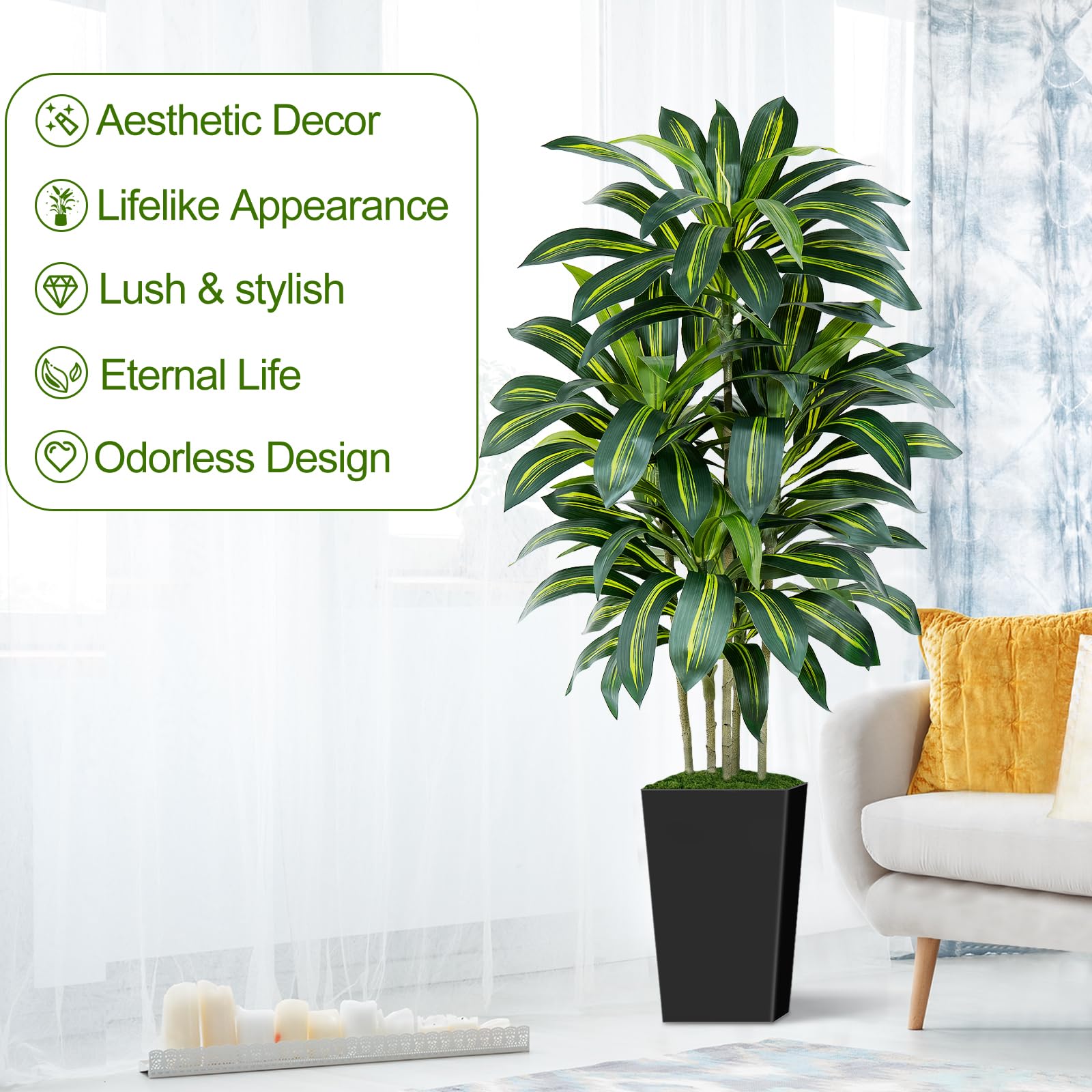 Arbol Artificial Dracaena con Pot Negro,150cm Planta Artificial Interior Alta y 105 Hojas,Árbol Artificial para Interior Exterior Oficina Dormitorios Salón Decoración Moderna
