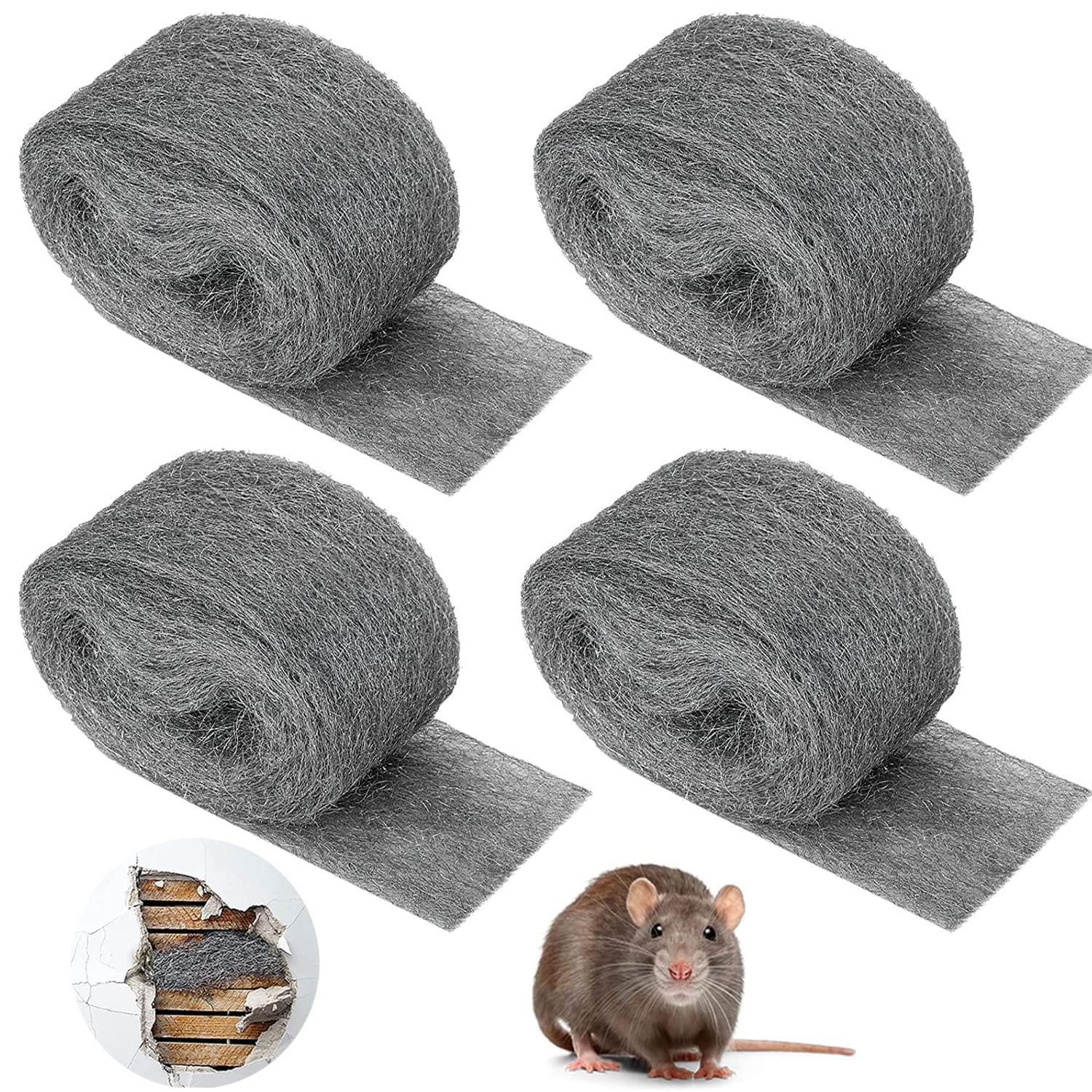 Laine D'acier, 4 Rouleaux 0000 Laine de Fil d'Acier Anti-Souris Laine d’acier Nettoyage Wire Wool,3m/rouleau, pour Nettoyage Polissage Entretien et Finition du Bois, Verre, Métal, Pierre
